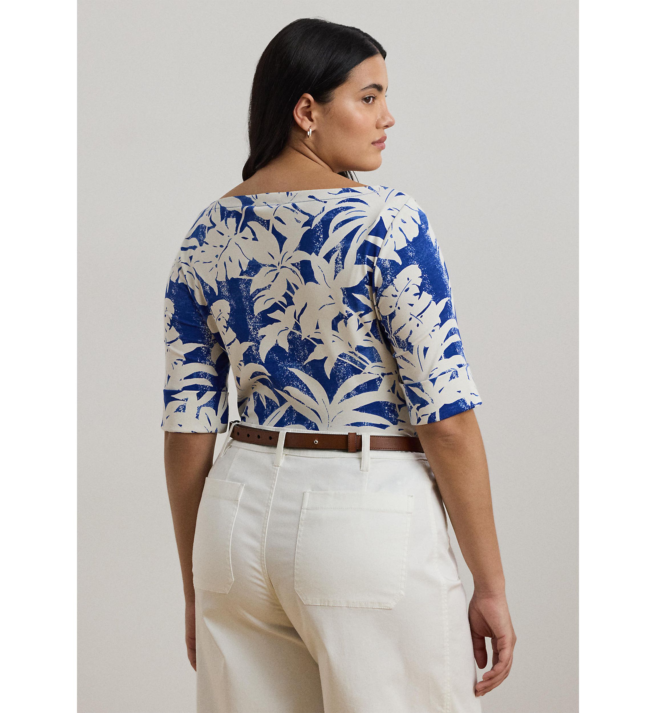 Plus Size Palm Frond Print Cotton Boat Neck T-Shirt