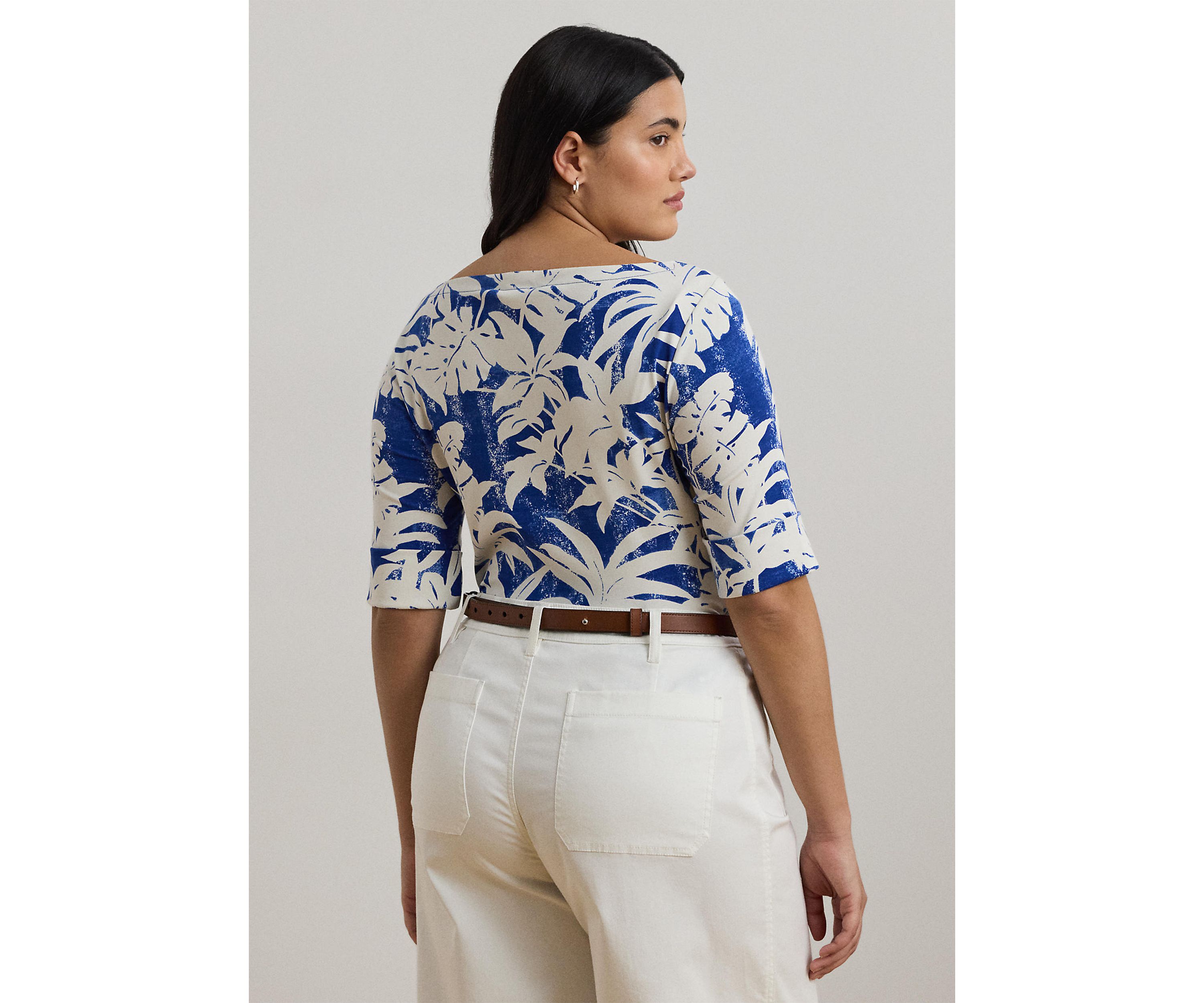 Plus Size Palm Frond Print Cotton Boat Neck T-Shirt