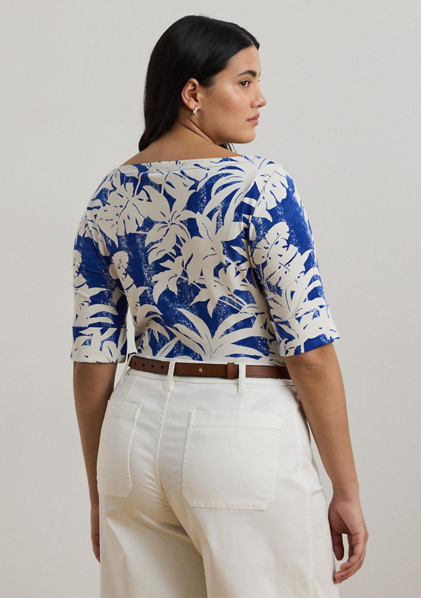 Plus Size Palm Frond Print Cotton Boat Neck T-Shirt