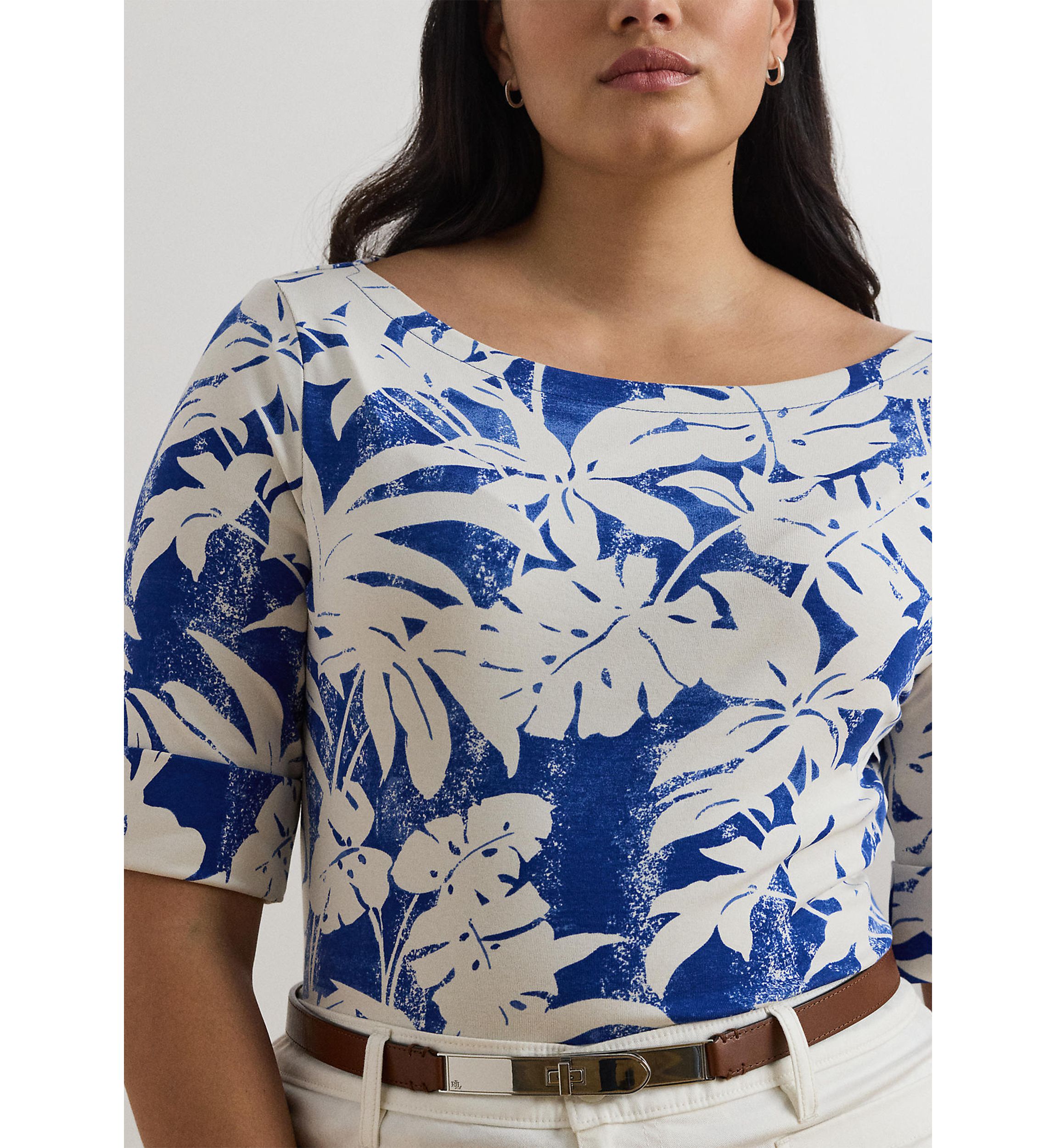 Plus Size Palm Frond Print Cotton Boat Neck T-Shirt