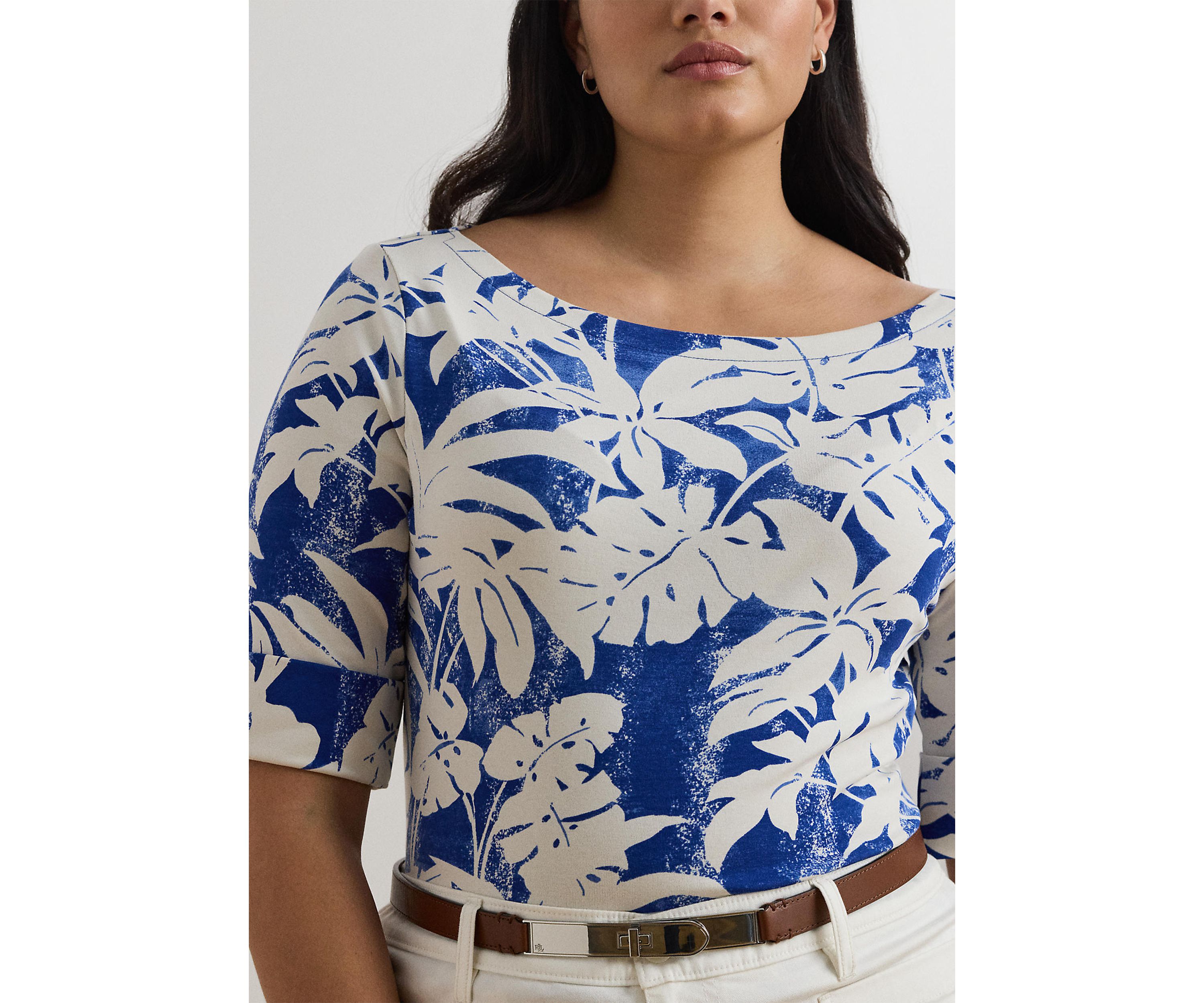Plus Size Palm Frond Print Cotton Boat Neck T-Shirt