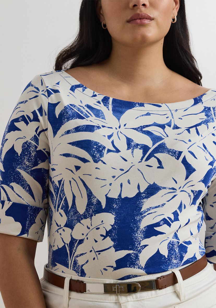 Plus Size Palm Frond Print Cotton Boat Neck T-Shirt