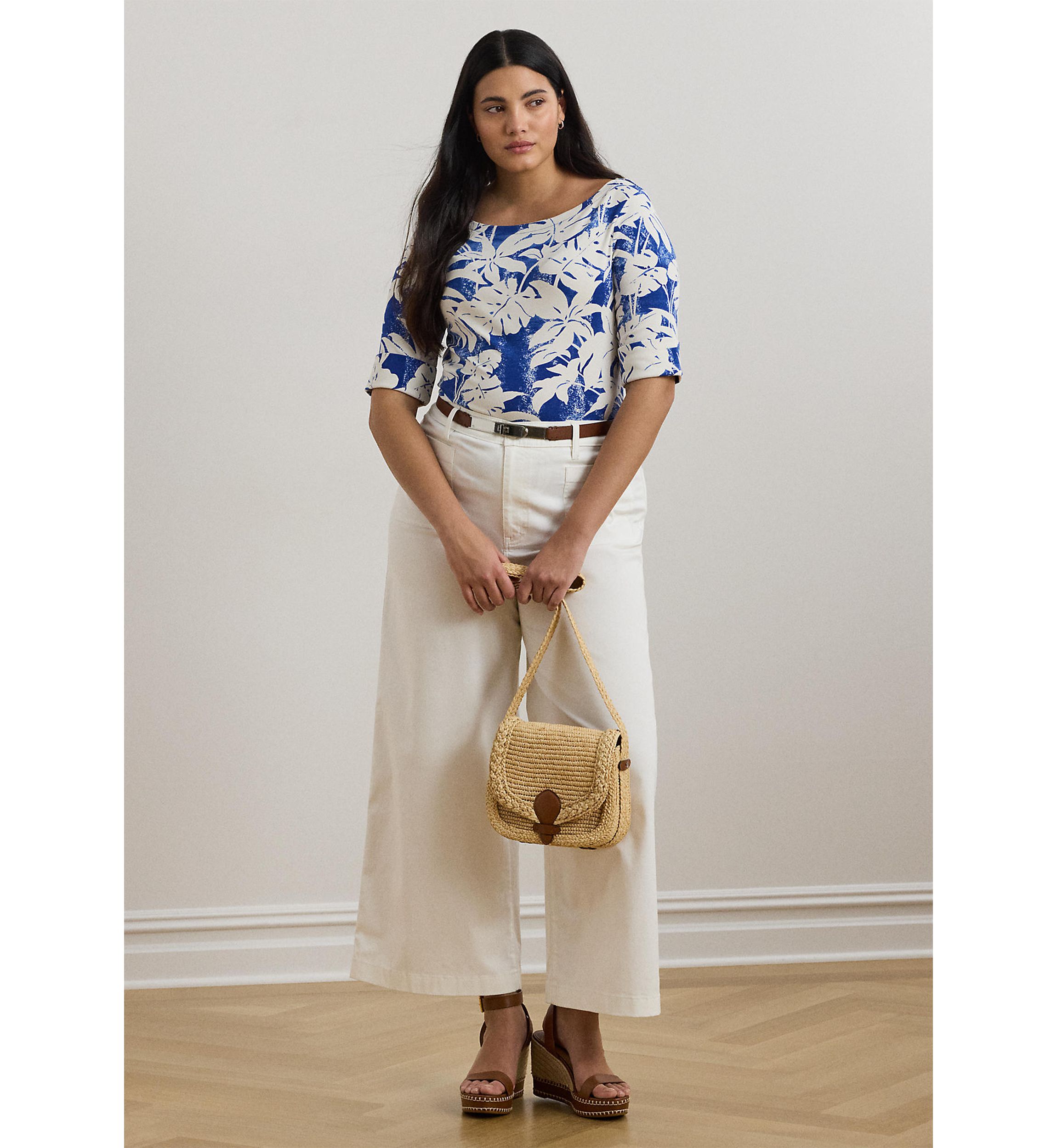 Plus Size Palm Frond Print Cotton Boat Neck T-Shirt