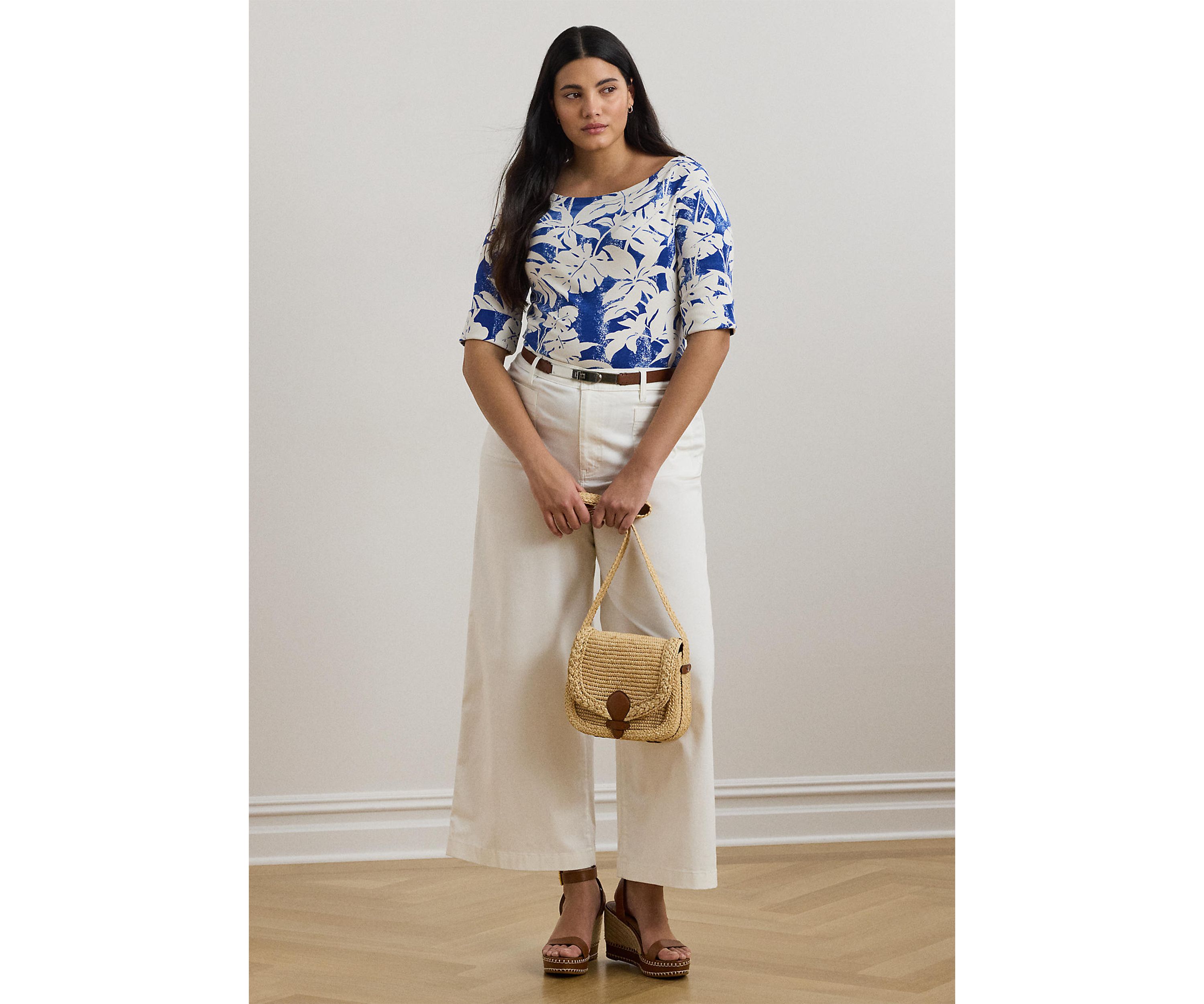 Plus Size Palm Frond Print Cotton Boat Neck T-Shirt