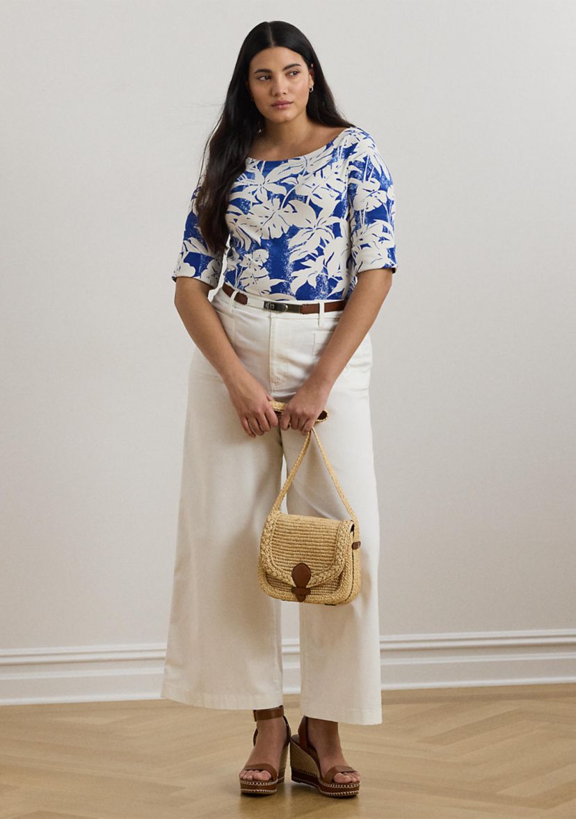 Plus Size Palm Frond Print Cotton Boat Neck T-Shirt