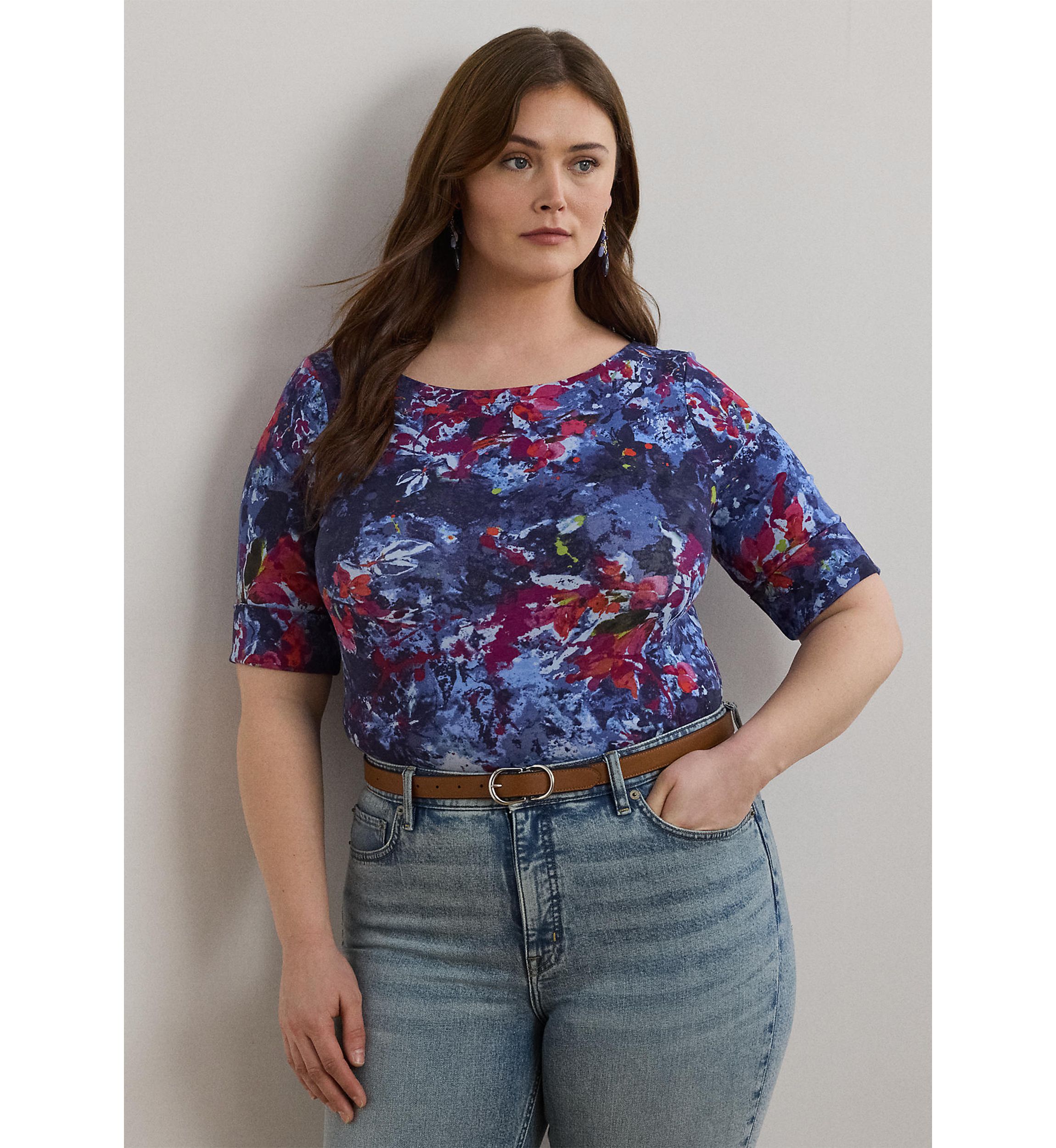 Plus Size Print Stretch Cotton Boatneck Tee