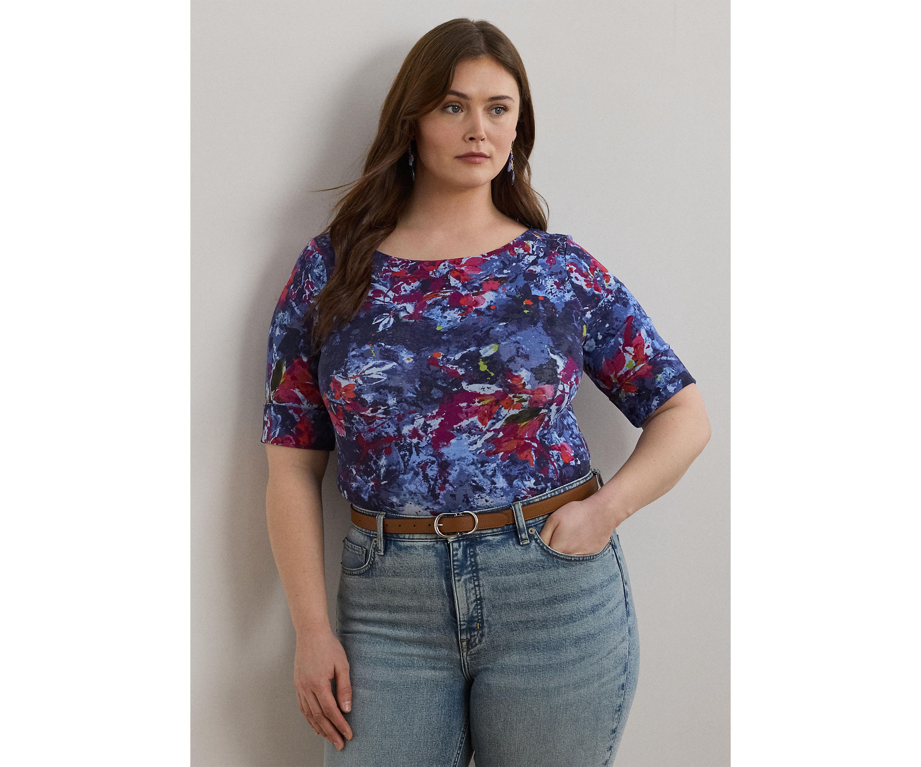 Plus Size Print Stretch Cotton Boatneck Tee