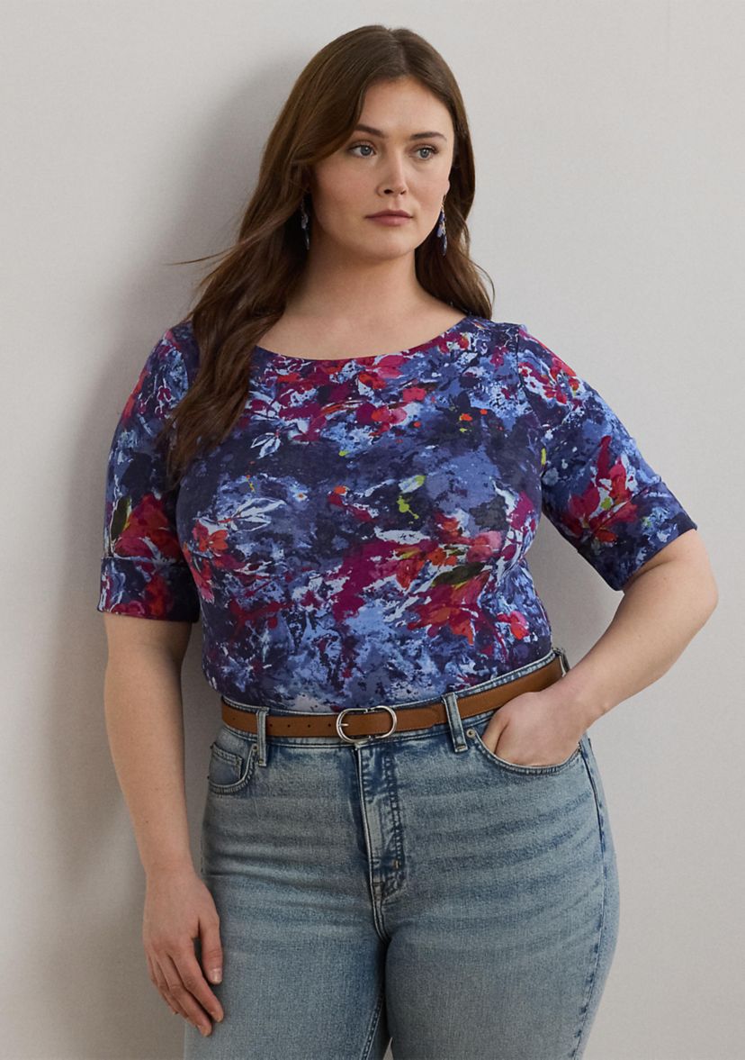 Plus Size Print Stretch Cotton Boatneck Tee