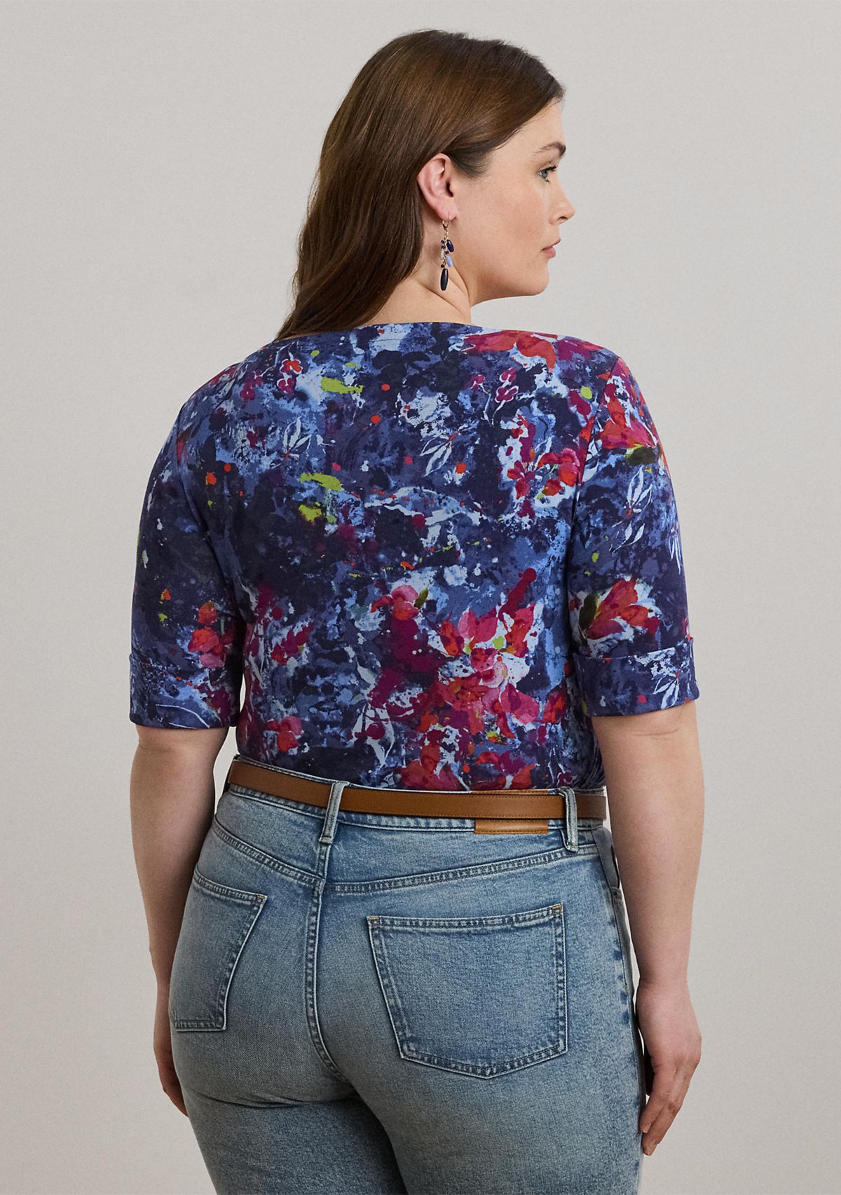 Plus Size Print Stretch Cotton Boatneck Tee
