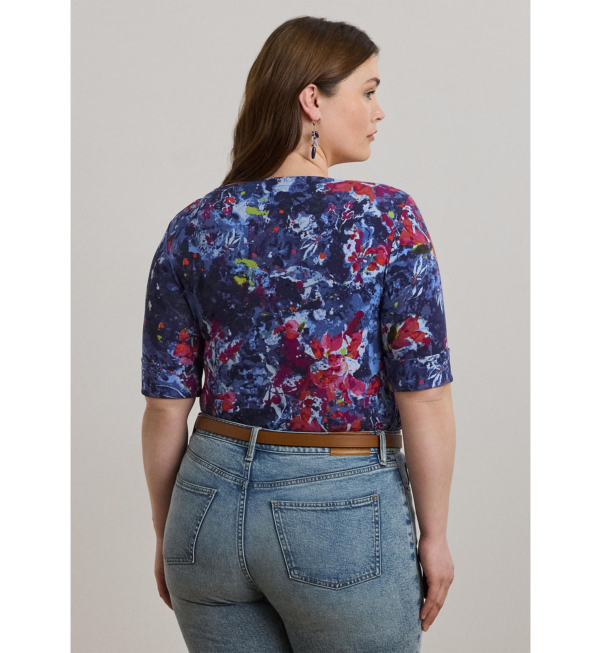 Plus Size Print Stretch Cotton Boatneck Tee