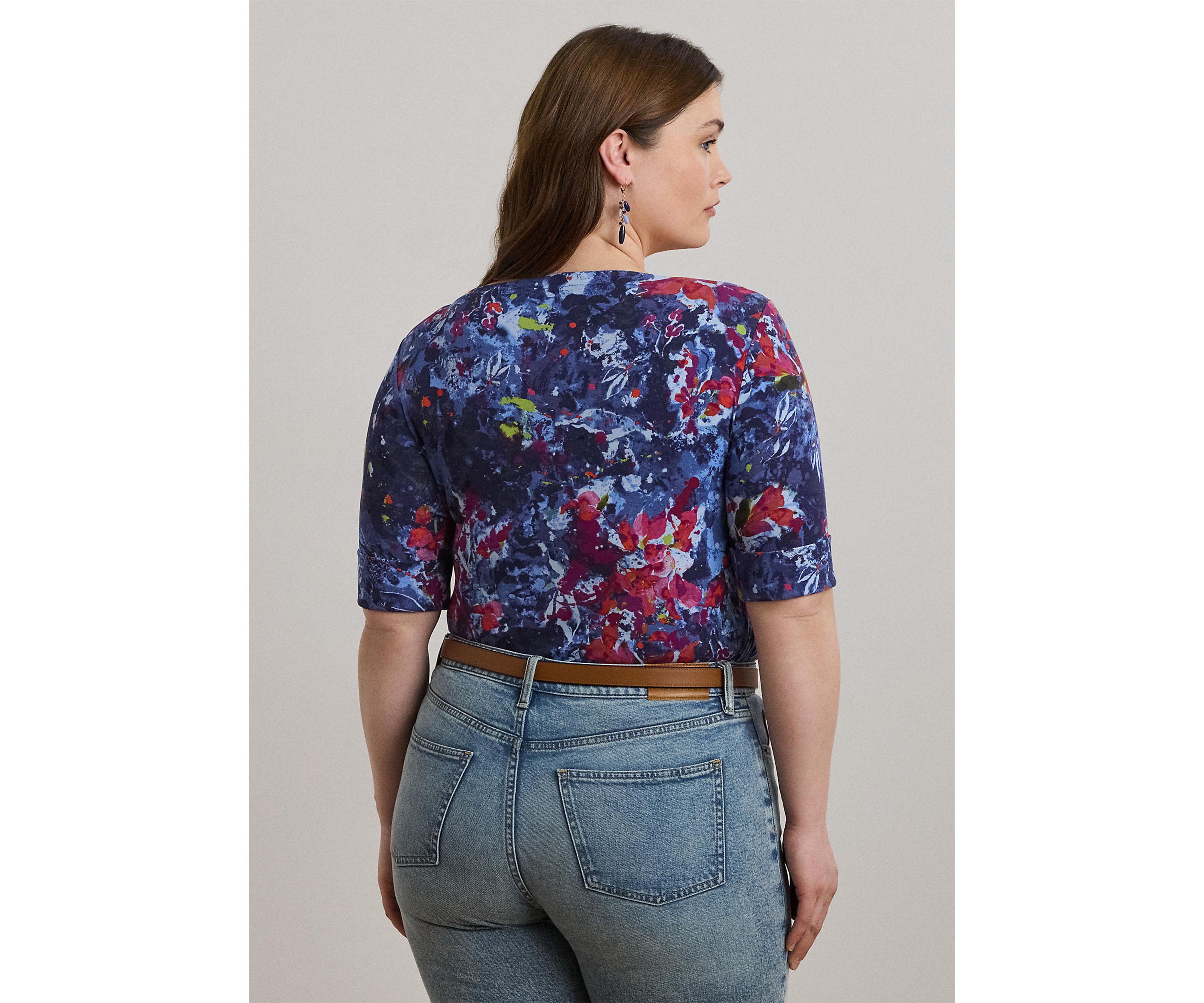 Plus Size Print Stretch Cotton Boatneck Tee