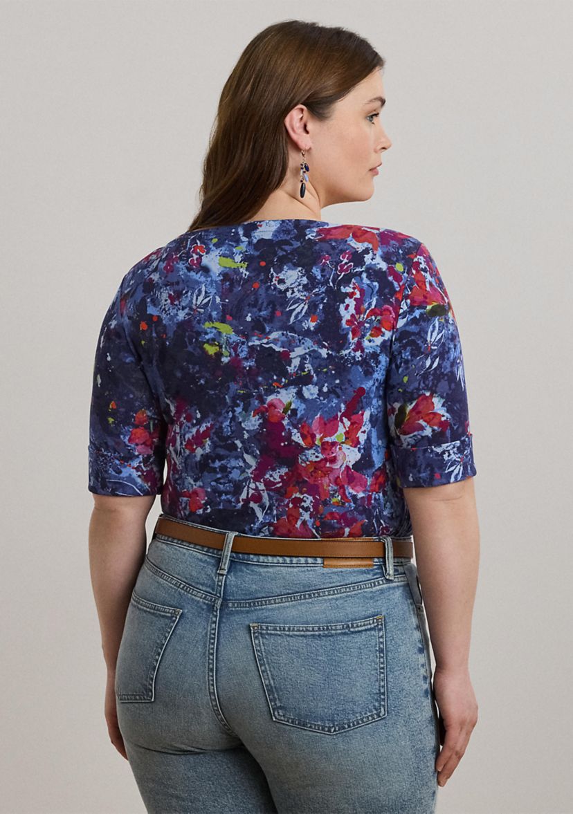 Plus Size Print Stretch Cotton Boatneck Tee