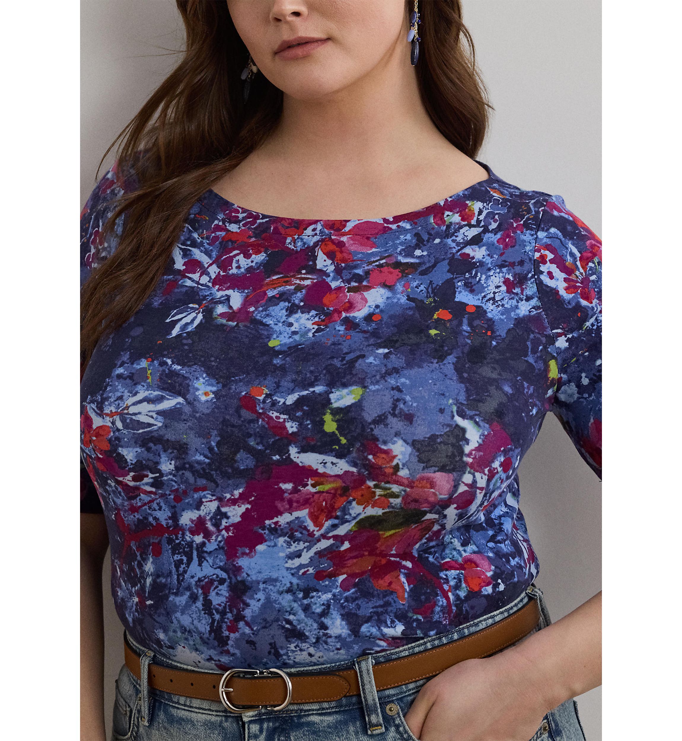 Plus Size Print Stretch Cotton Boatneck Tee
