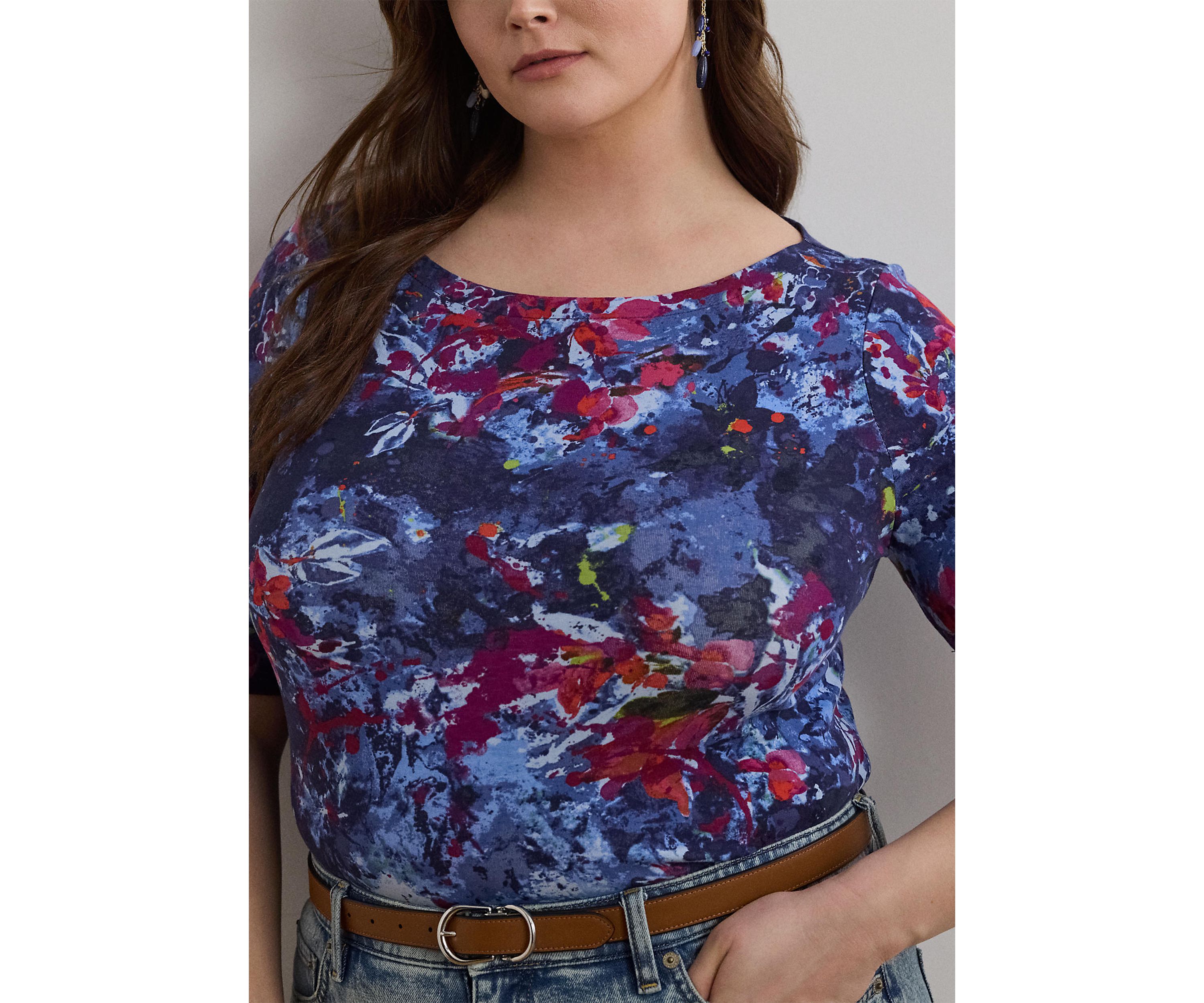 Plus Size Print Stretch Cotton Boatneck Tee