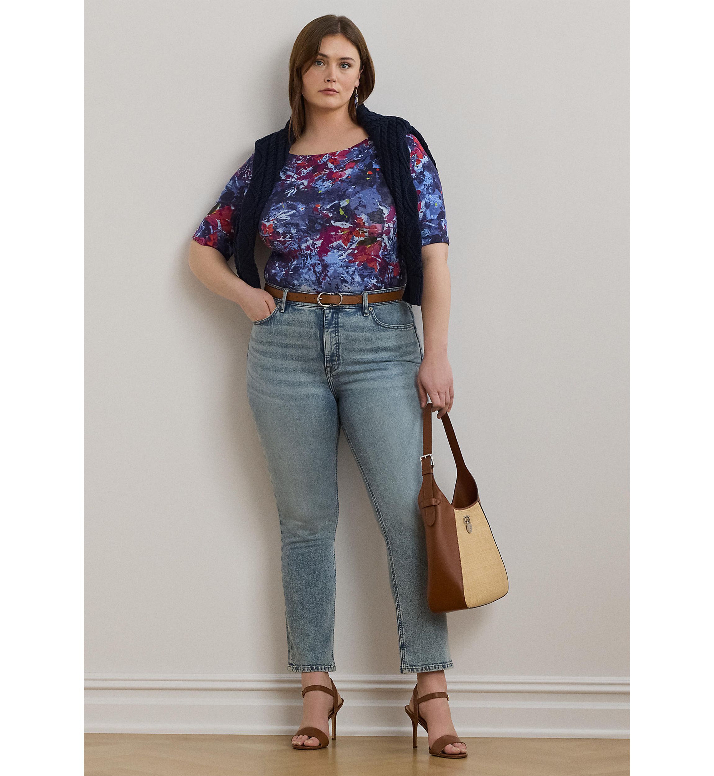 Plus Size Print Stretch Cotton Boatneck Tee