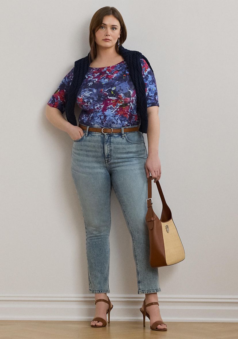 Plus Size Print Stretch Cotton Boatneck Tee