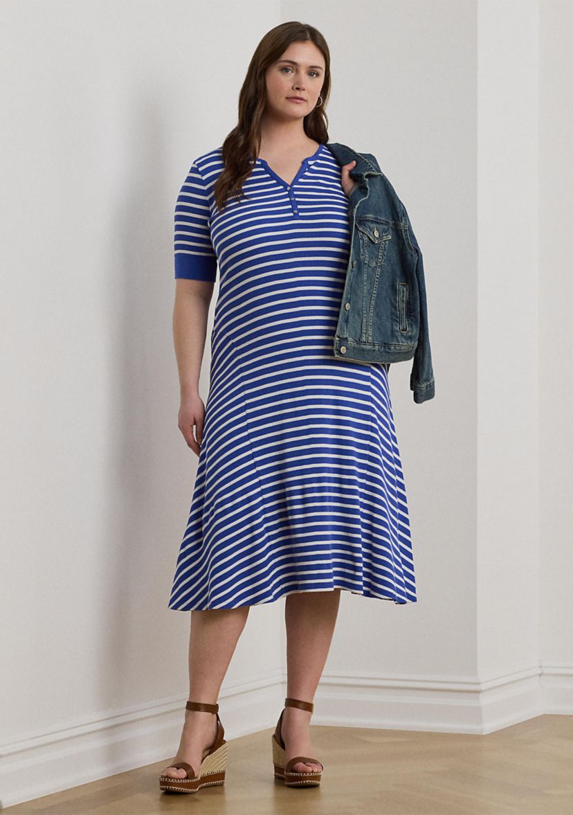Plus Size Striped Waffle-Knit Cotton Henley Dress