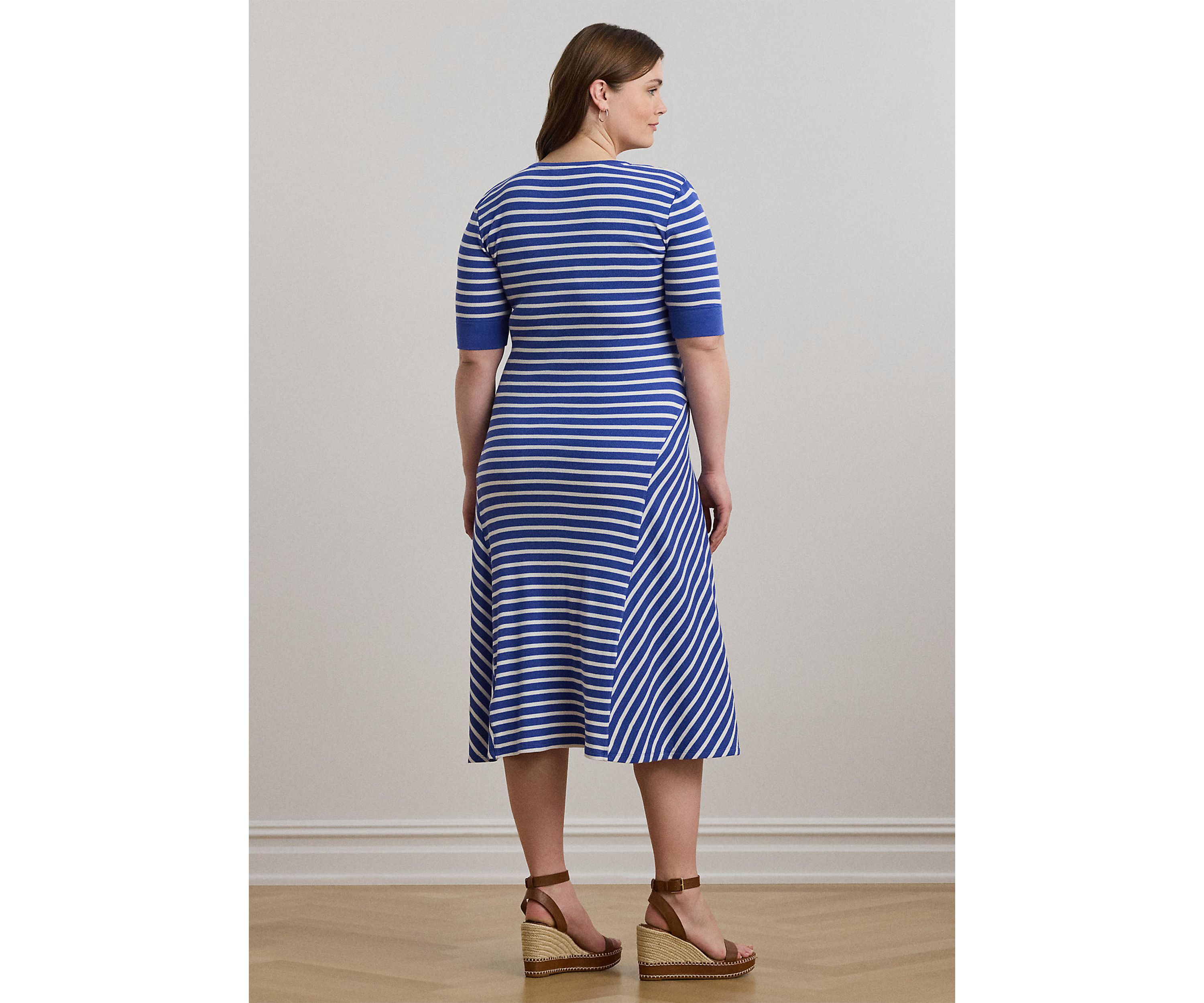 Plus Size Striped Waffle-Knit Cotton Henley Dress