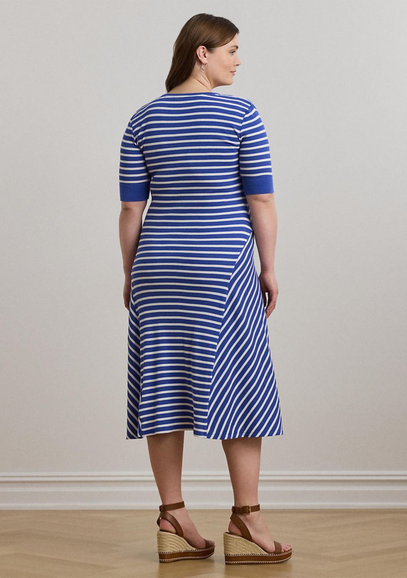 Plus Size Striped Waffle-Knit Cotton Henley Dress