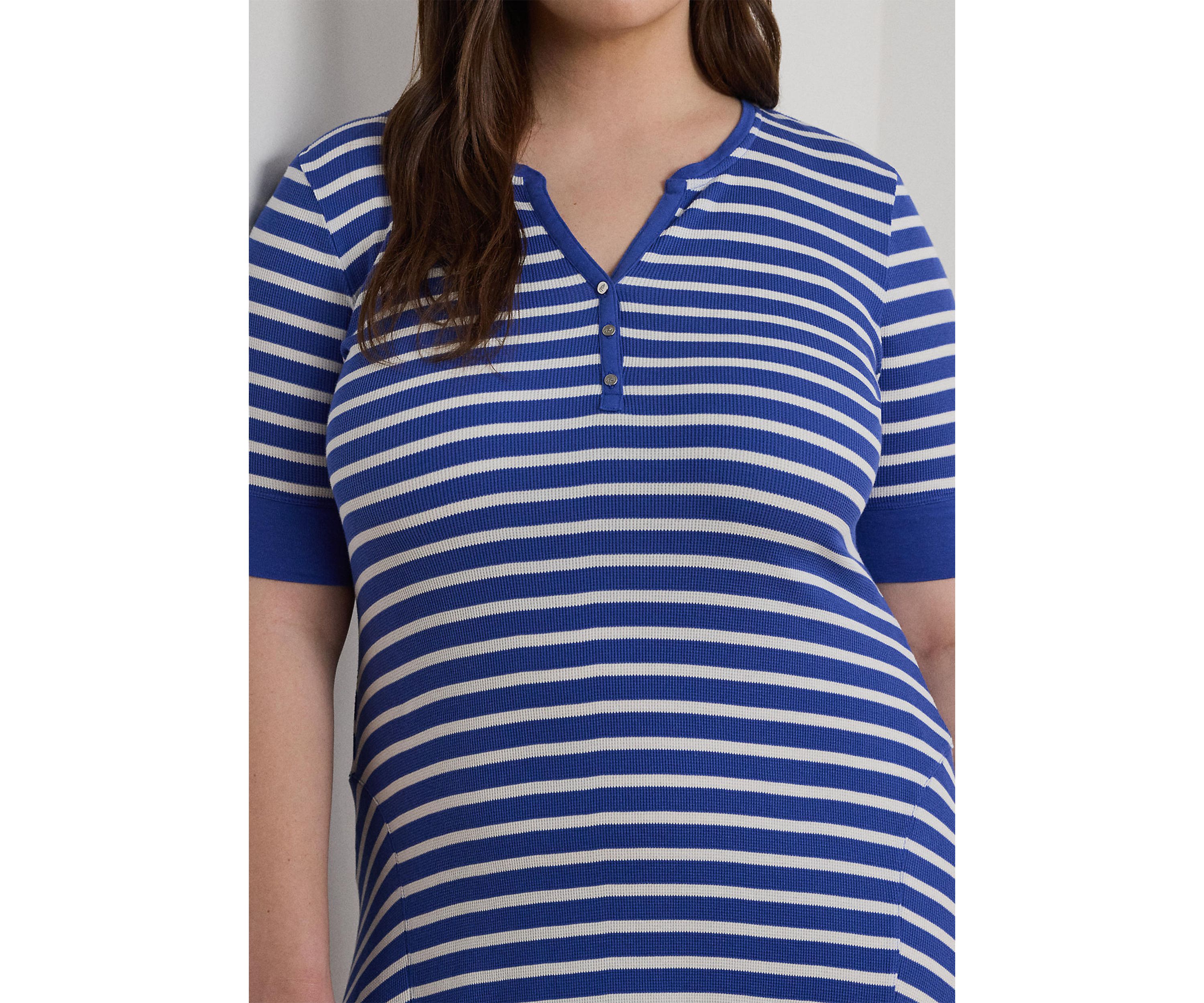 Plus Size Striped Waffle-Knit Cotton Henley Dress