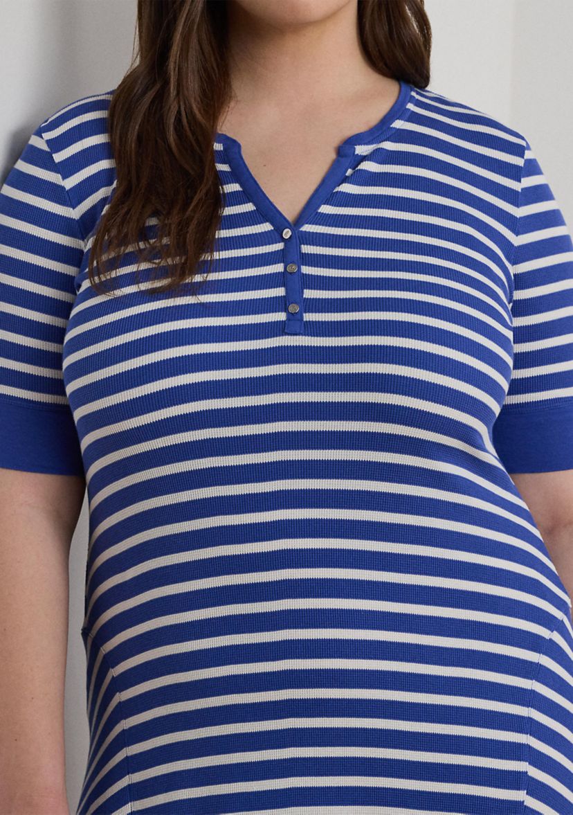 Plus Size Striped Waffle-Knit Cotton Henley Dress