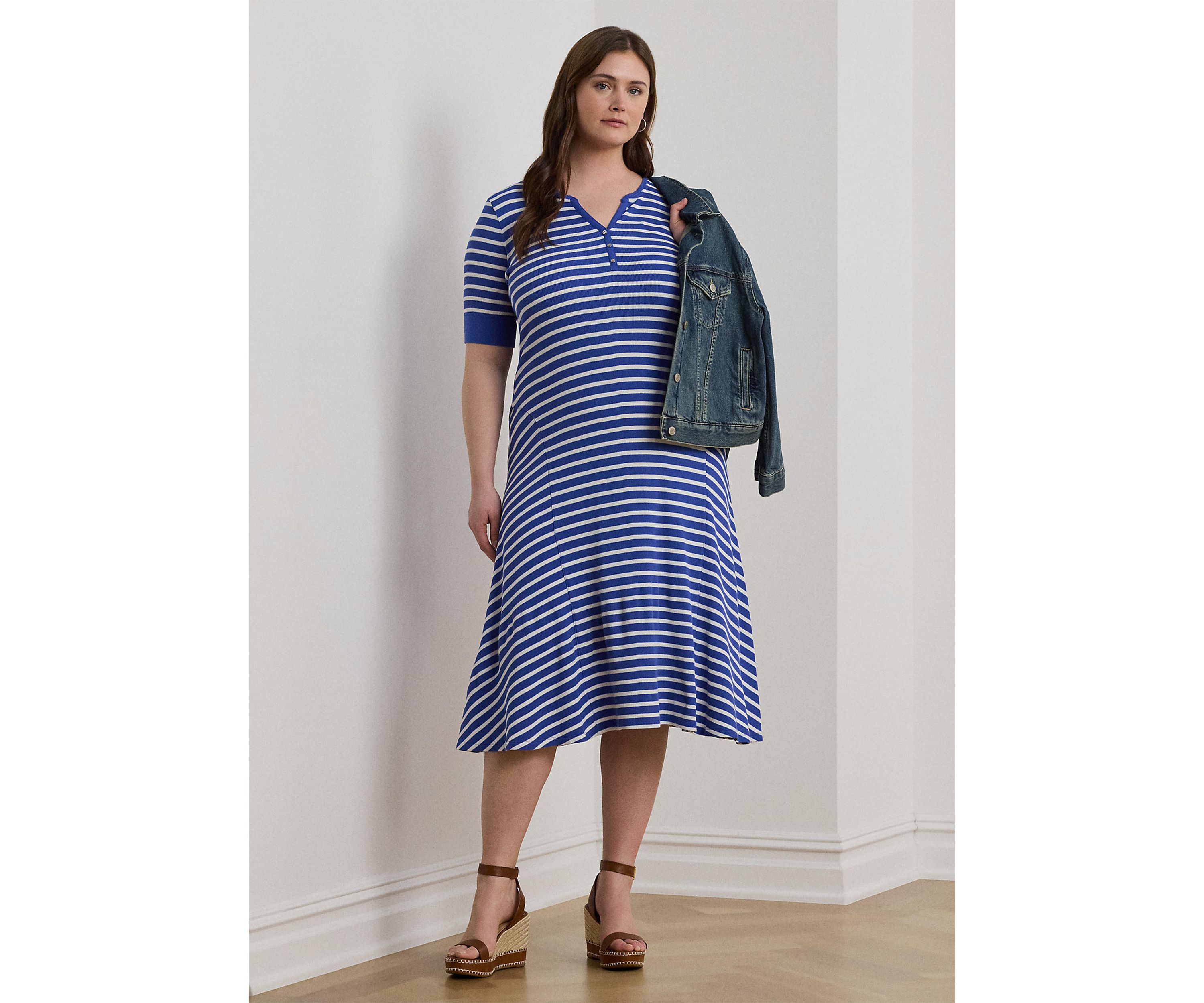 Plus Size Striped Waffle-Knit Cotton Henley Dress