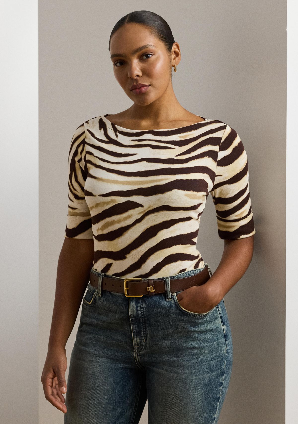 Plus Size Zebra Print Stretch Cotton Boat Neck T-Shirt