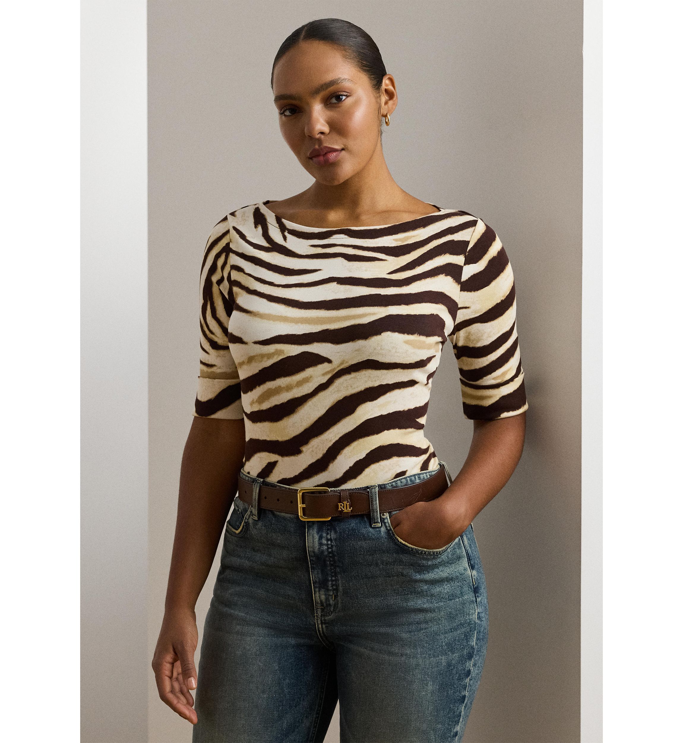 Plus Size Zebra Print Stretch Cotton Boat Neck T-Shirt
