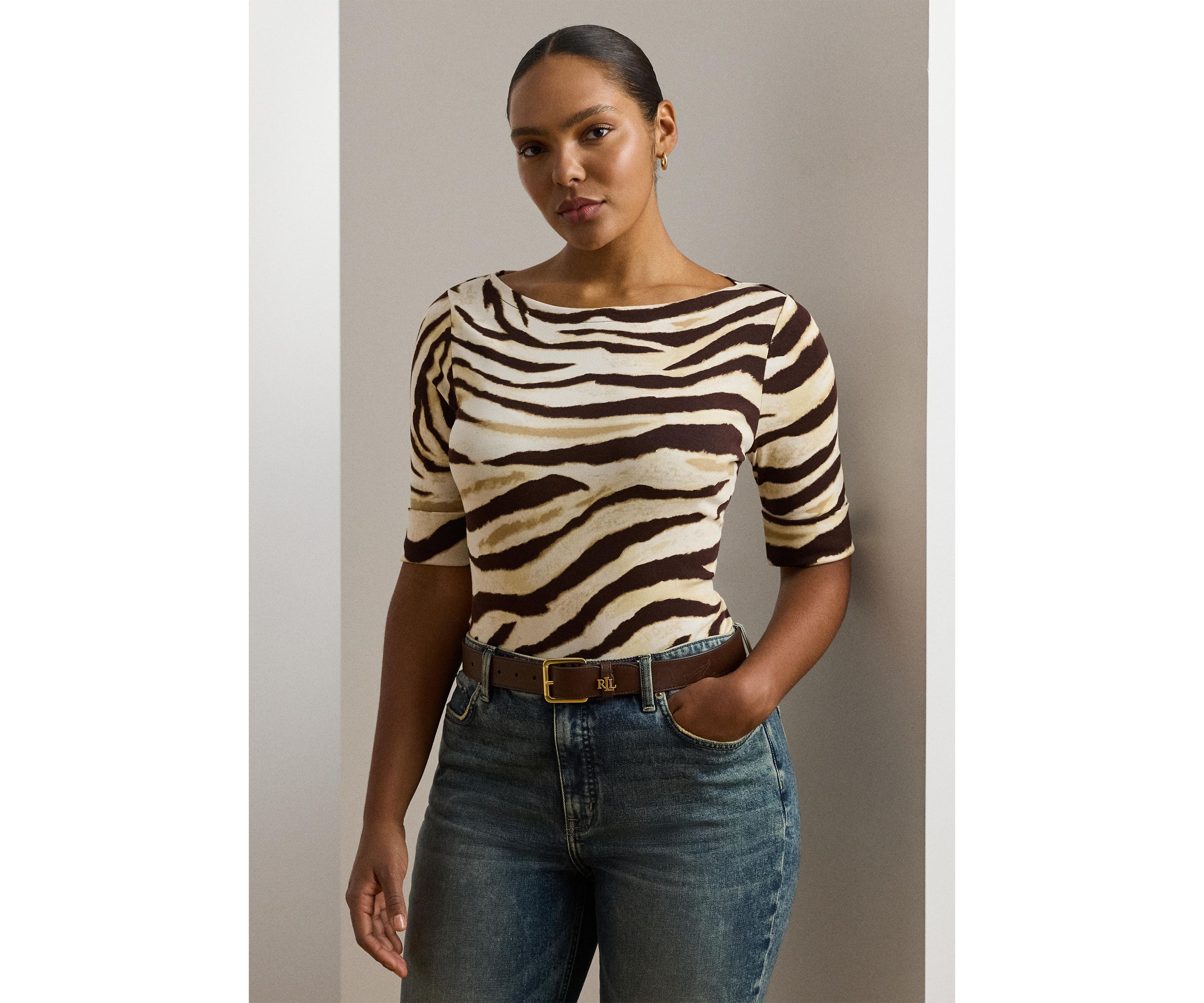 Plus Size Zebra Print Stretch Cotton Boat Neck T-Shirt