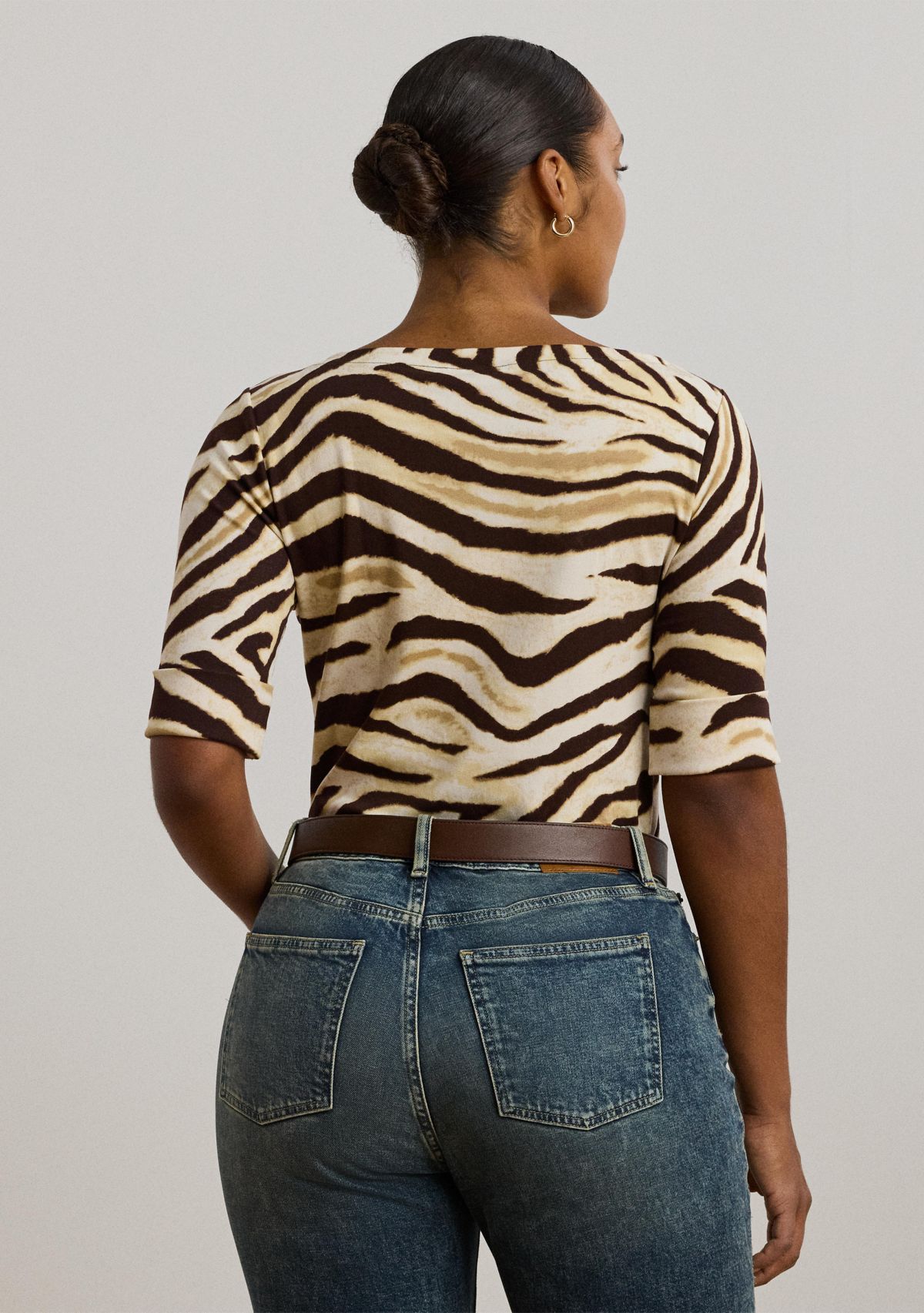 Plus Size Zebra Print Stretch Cotton Boat Neck T-Shirt