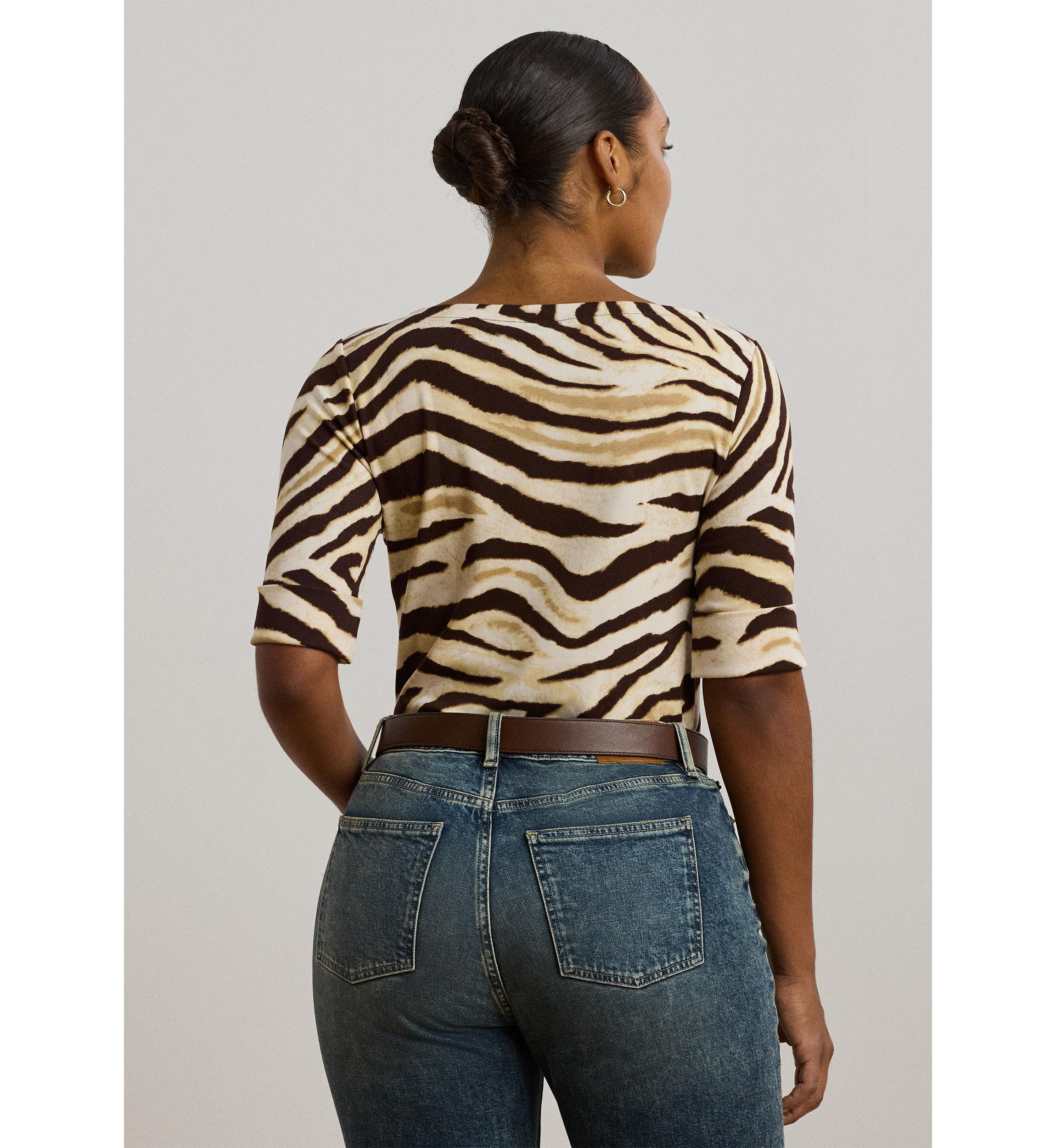 Plus Size Zebra Print Stretch Cotton Boat Neck T-Shirt