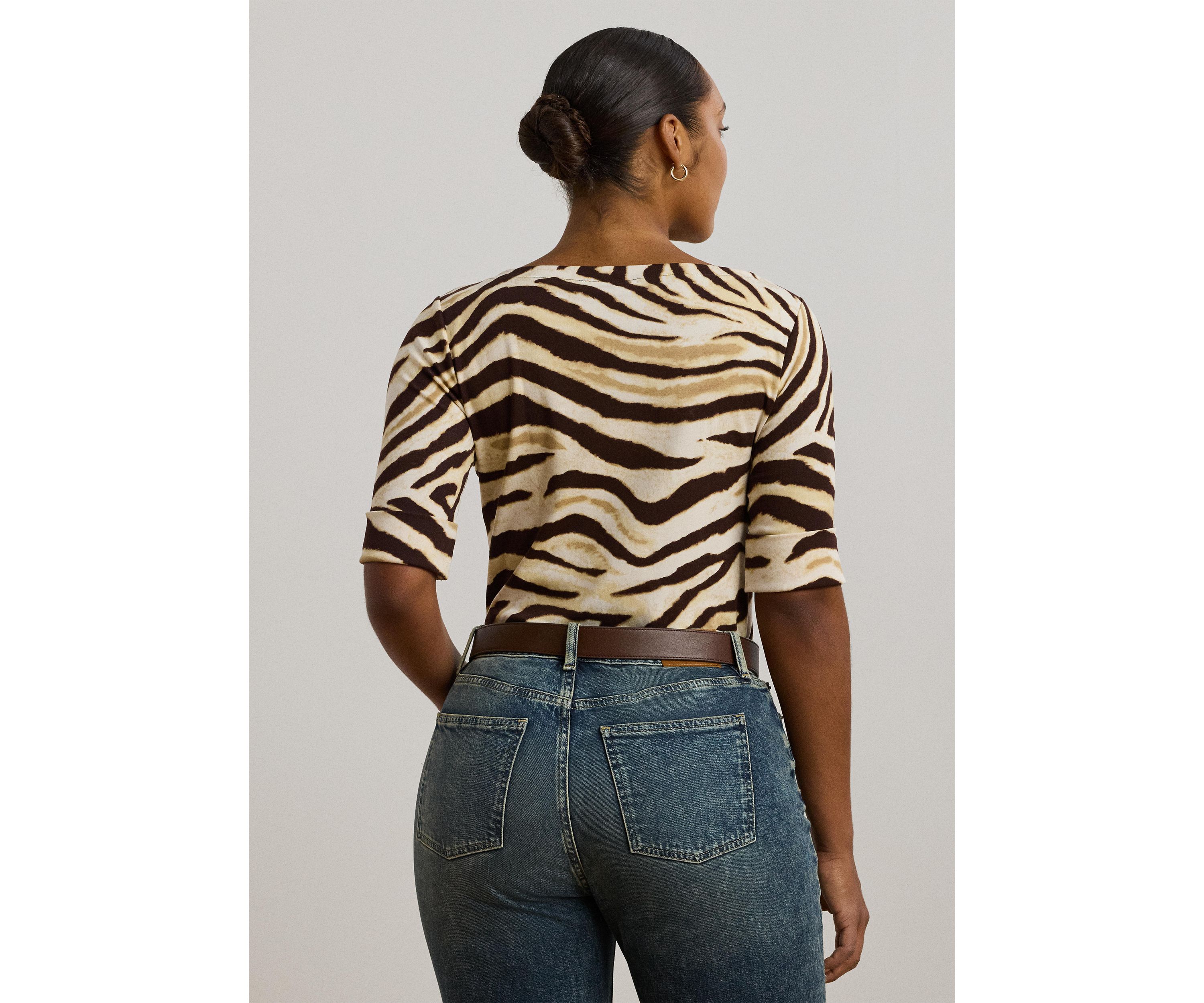 Plus Size Zebra Print Stretch Cotton Boat Neck T-Shirt