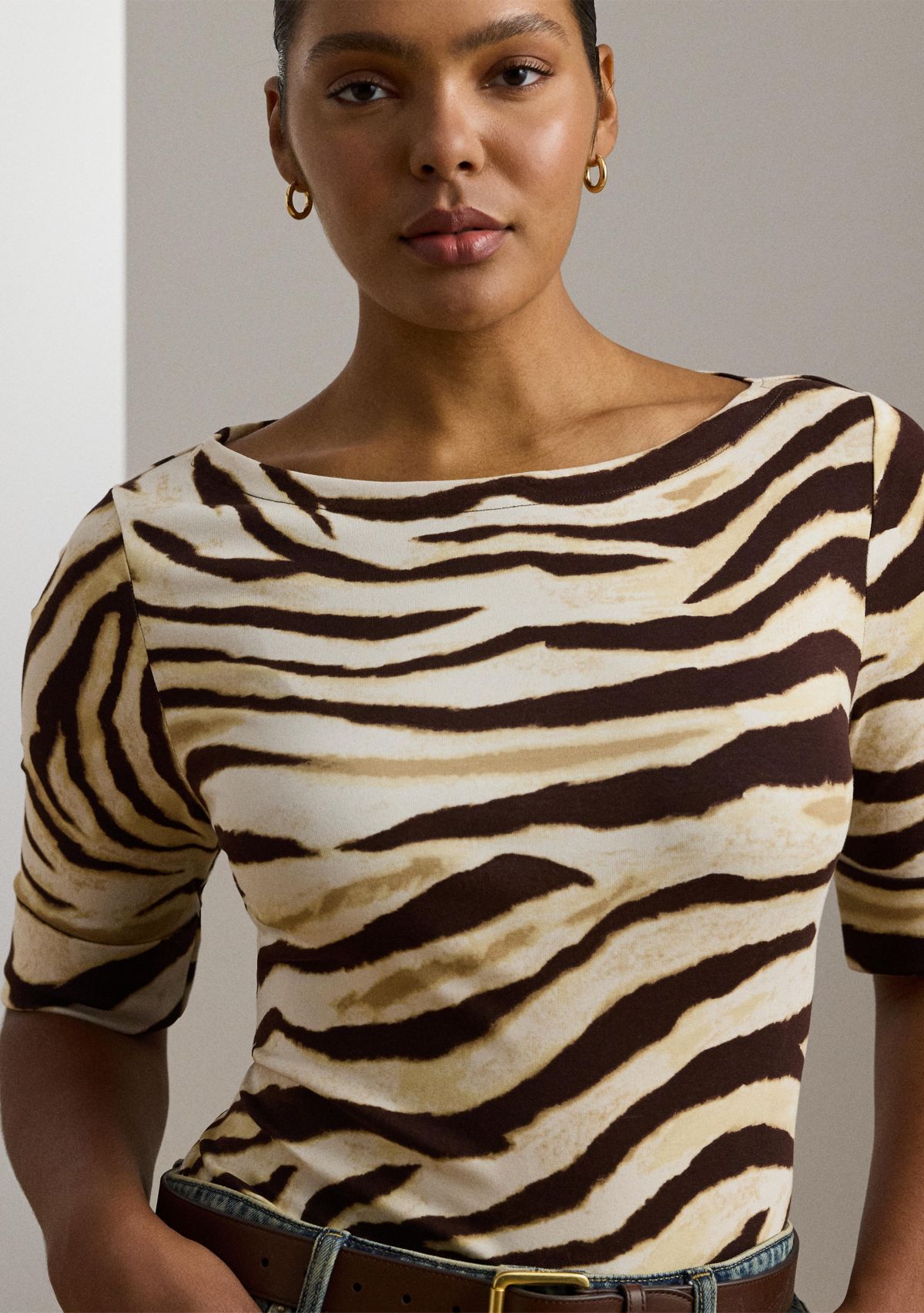 Plus Size Zebra Print Stretch Cotton Boat Neck T-Shirt