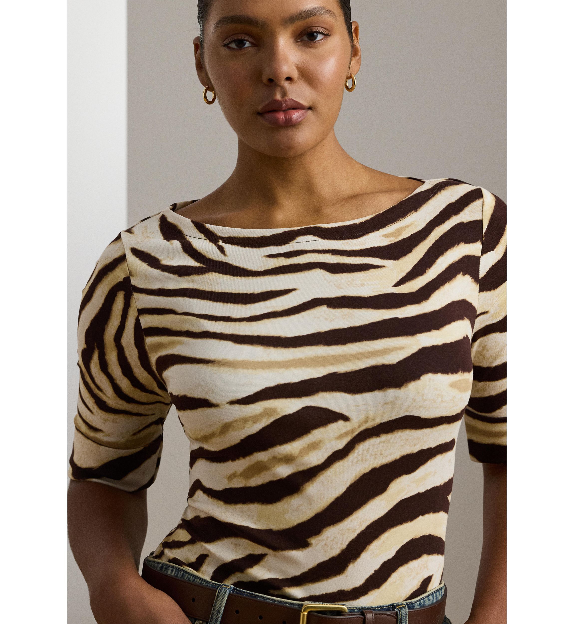 Plus Size Zebra Print Stretch Cotton Boat Neck T-Shirt