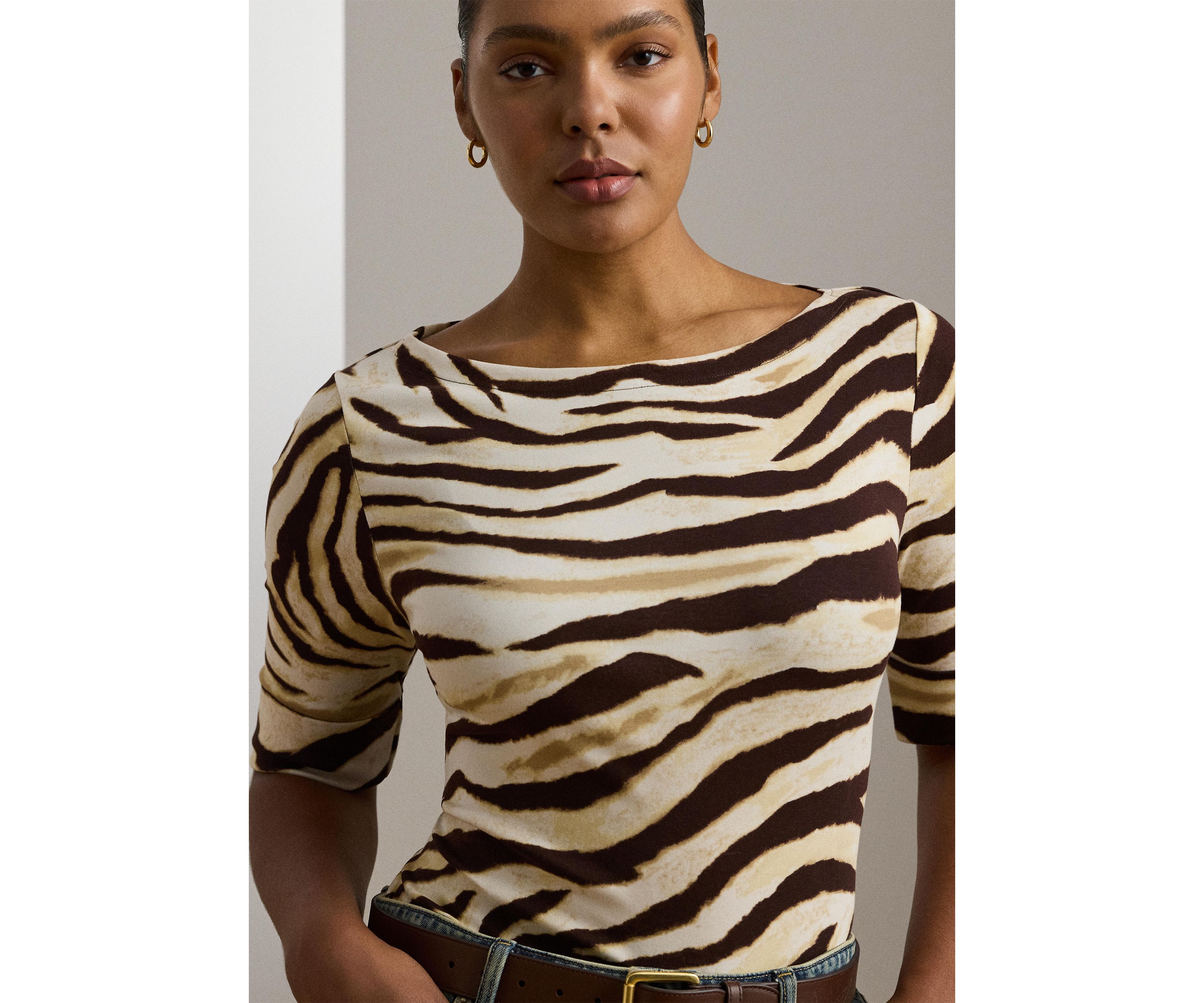 Plus Size Zebra Print Stretch Cotton Boat Neck T-Shirt