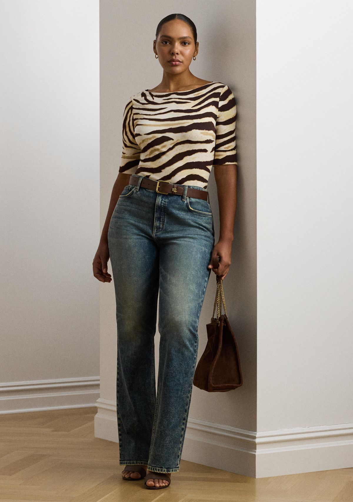 Plus Size Zebra Print Stretch Cotton Boat Neck T-Shirt