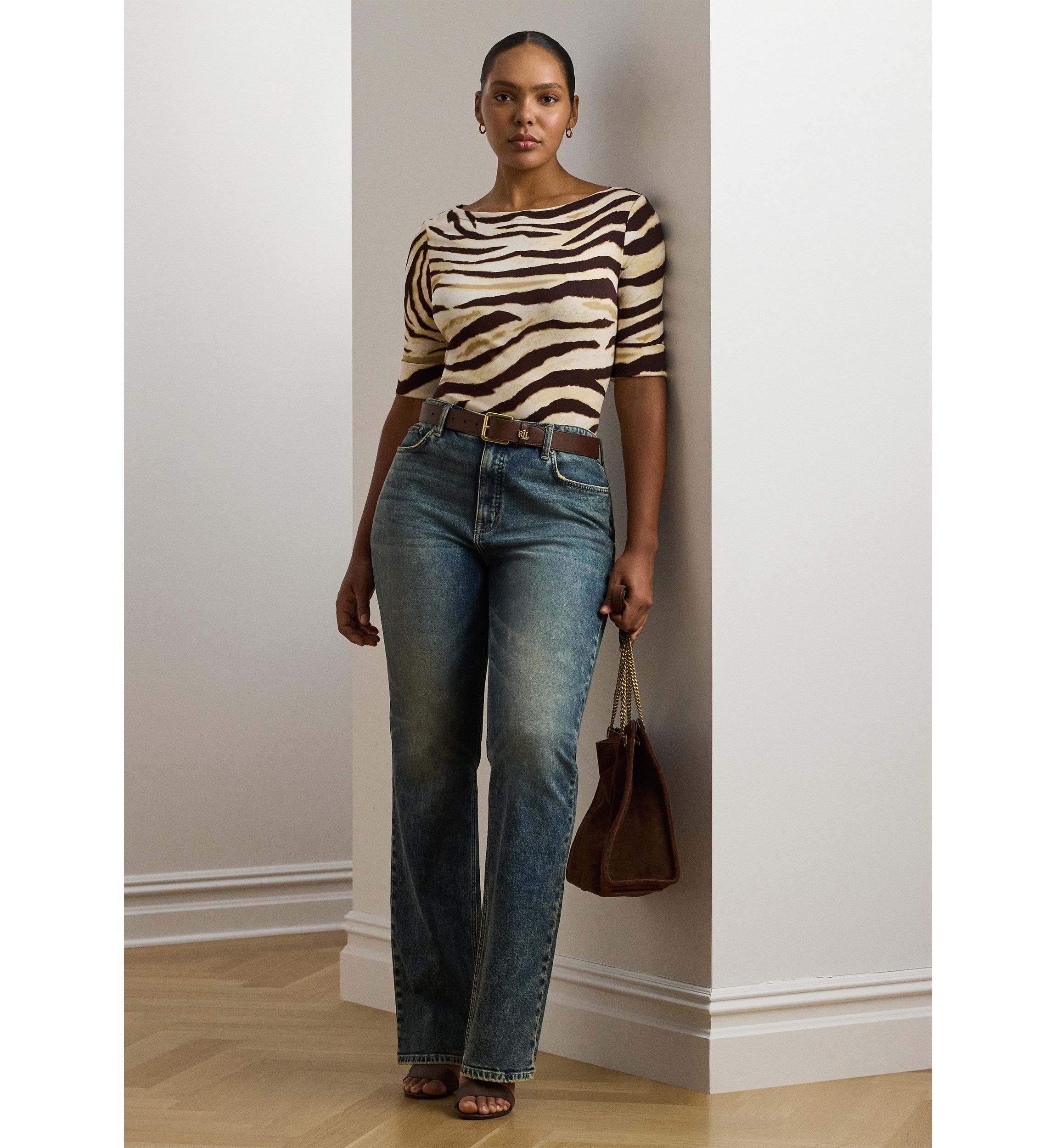 Plus Size Zebra Print Stretch Cotton Boat Neck T-Shirt