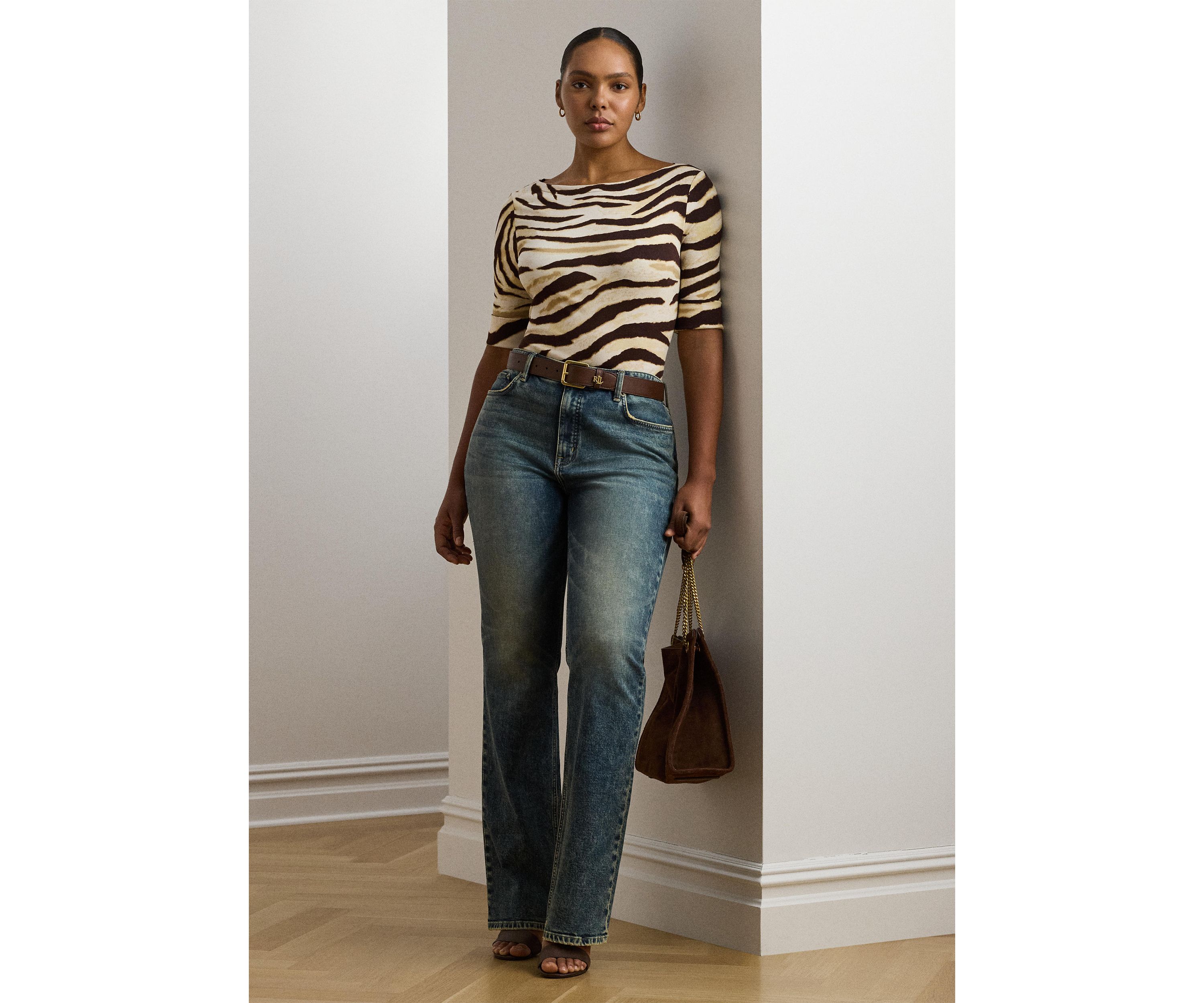 Plus Size Zebra Print Stretch Cotton Boat Neck T-Shirt