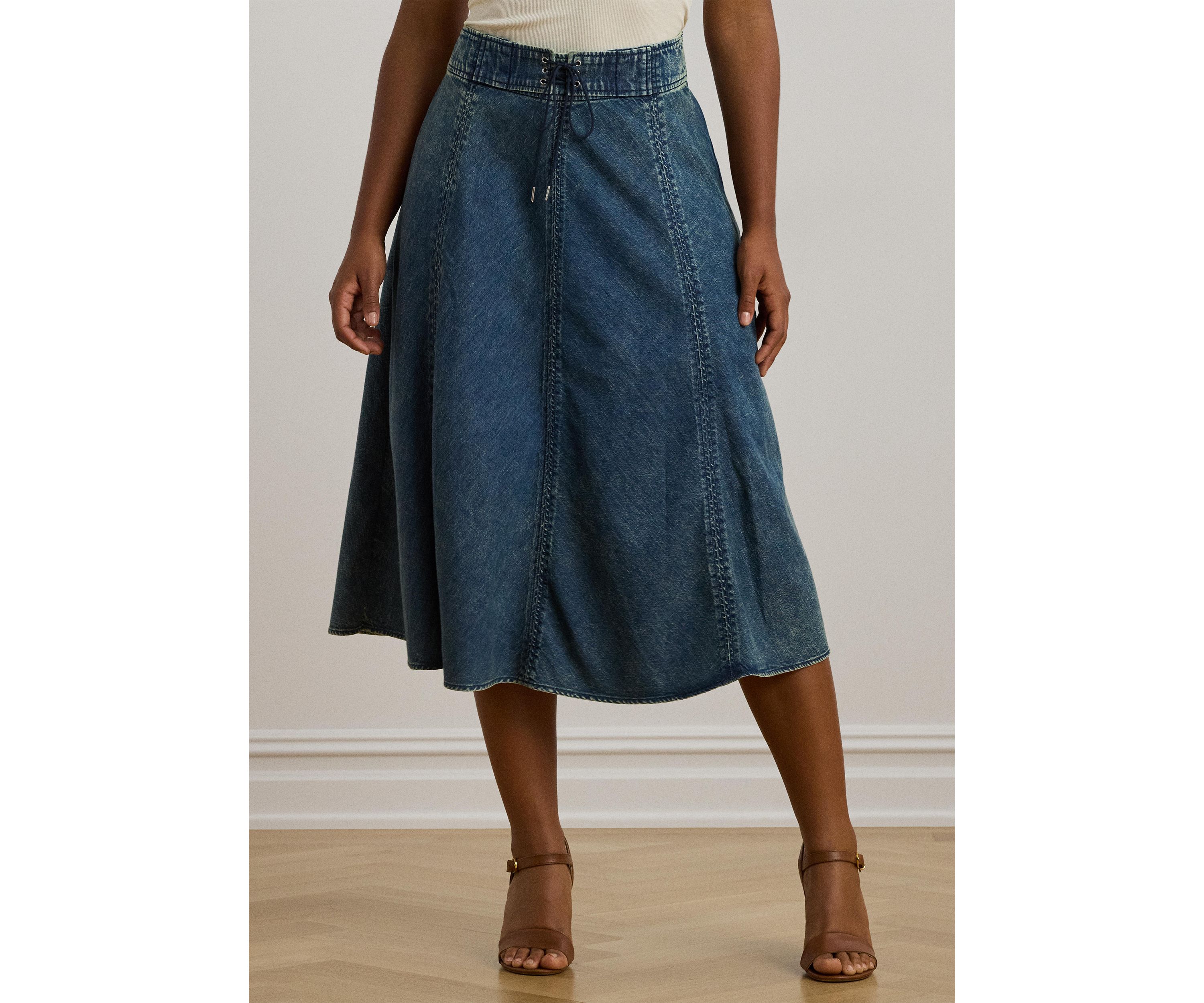 Plus Size Denim Drawcord Midi Skirt