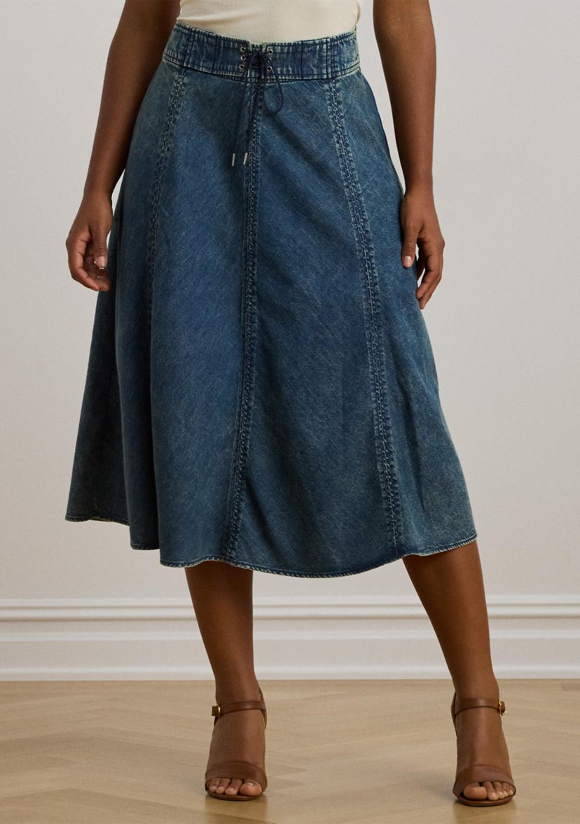 Plus Size Denim Drawcord Midi Skirt