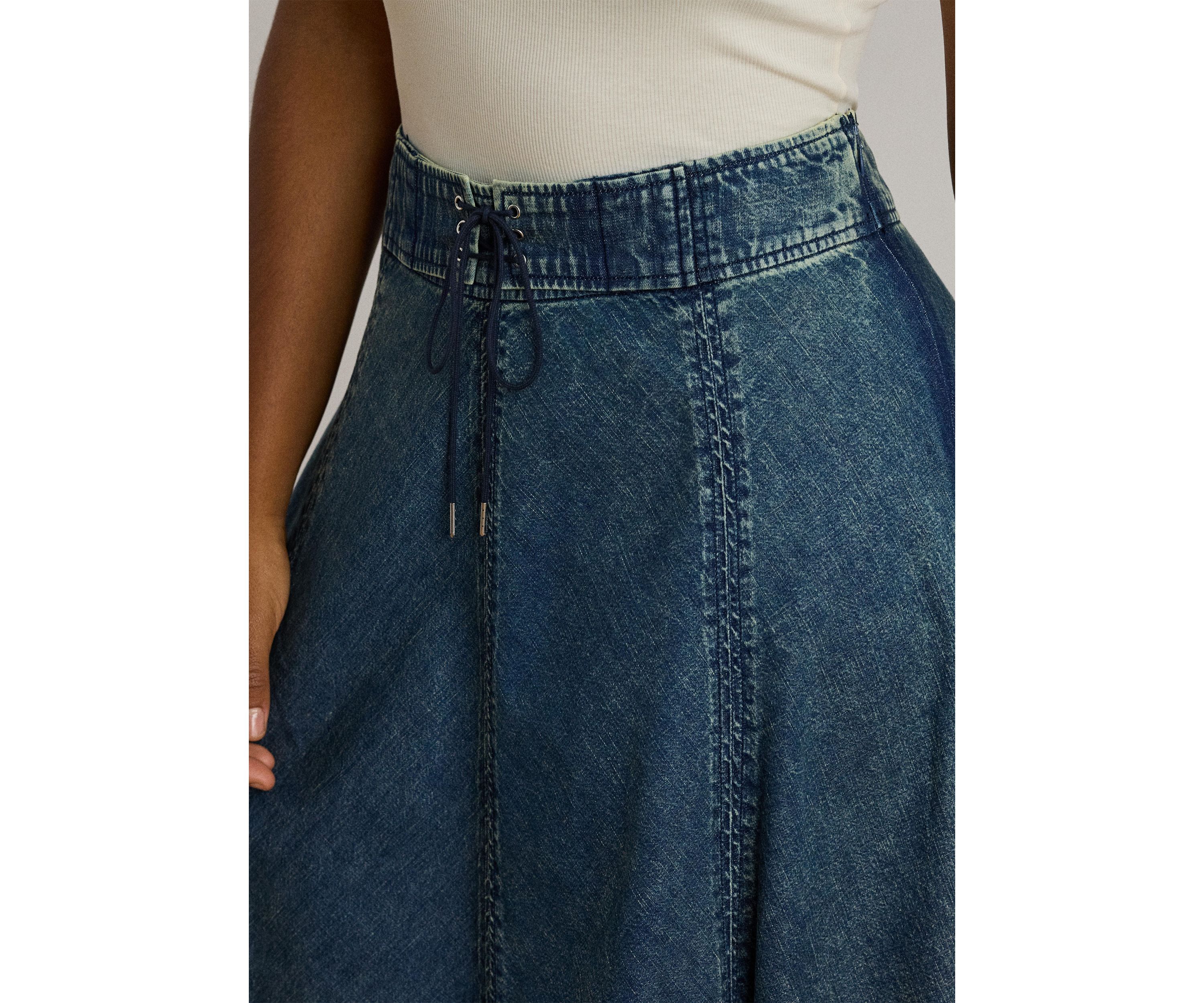 Plus Size Denim Drawcord Midi Skirt