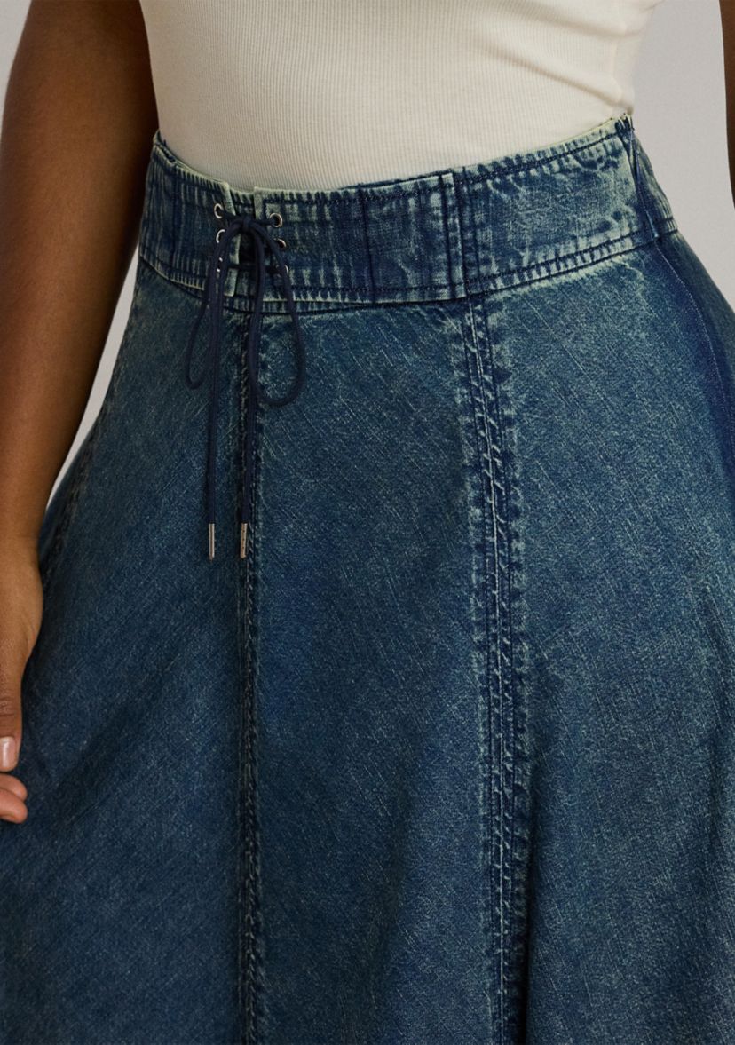 Plus Size Denim Drawcord Midi Skirt