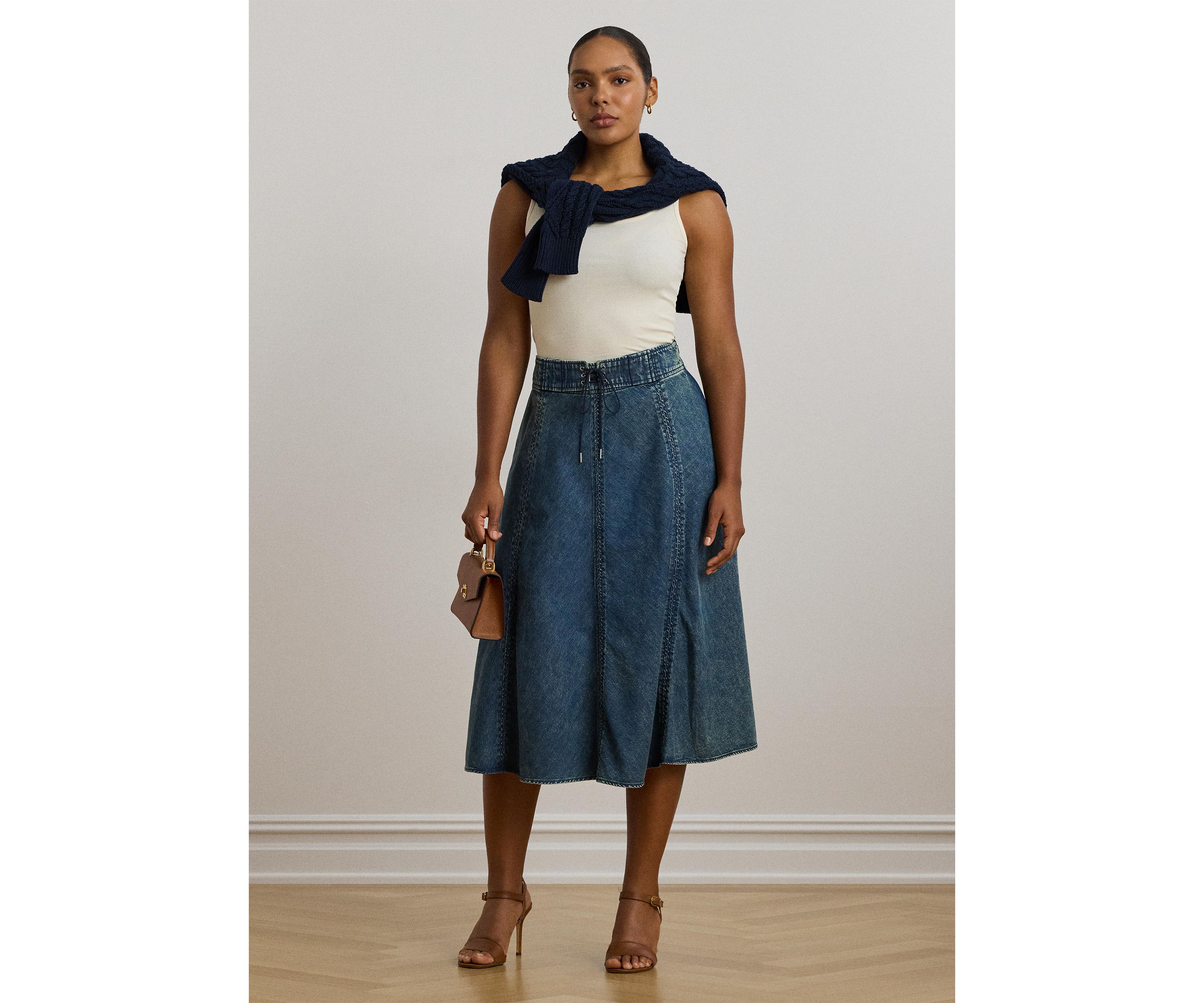 Plus Size Denim Drawcord Midi Skirt