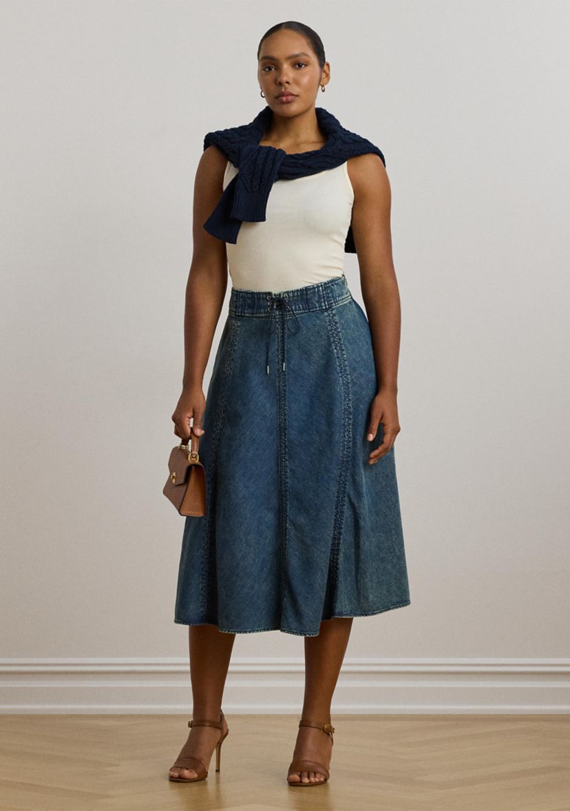 Plus Size Denim Drawcord Midi Skirt