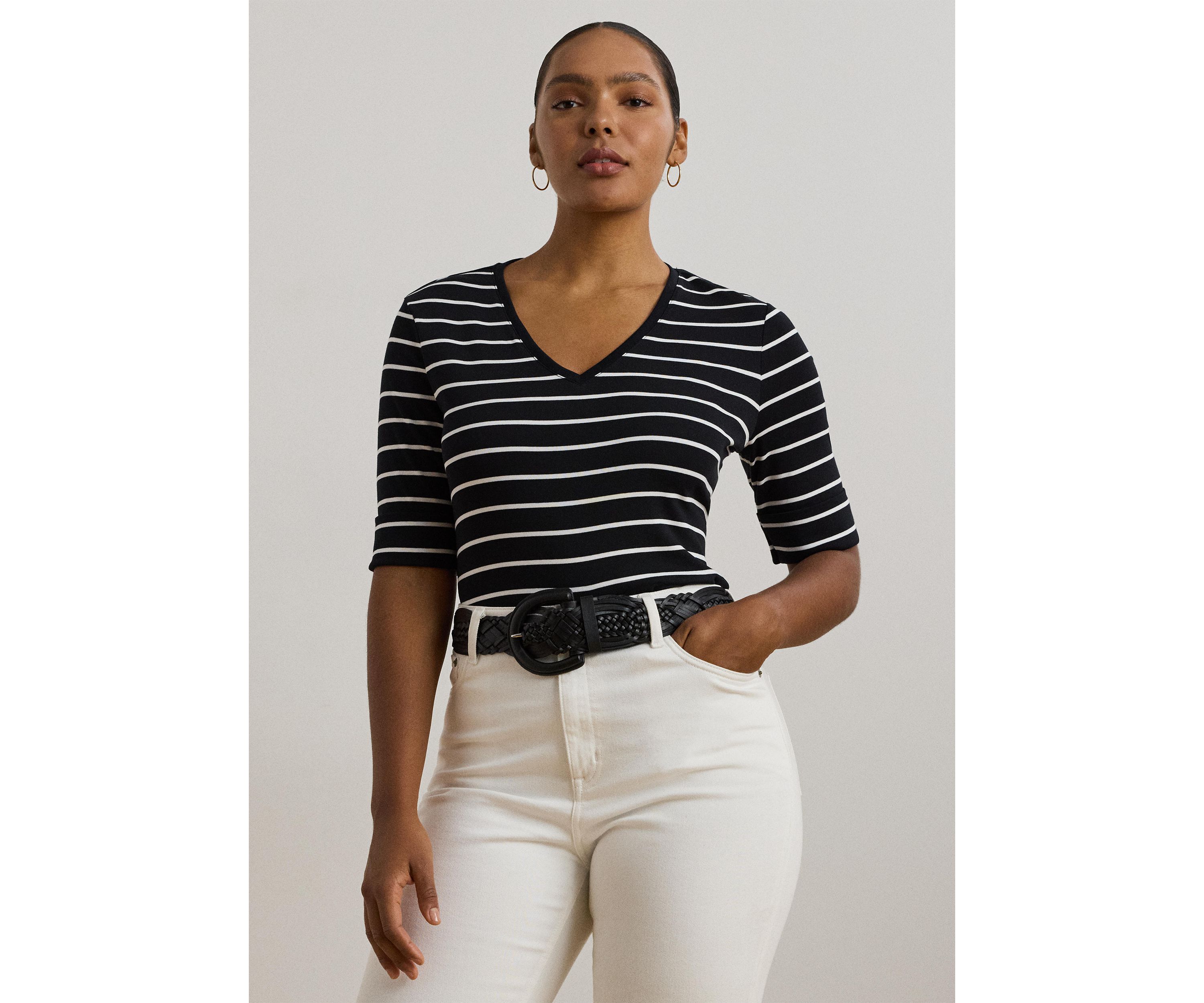 Womens Striped Cotton Elbow Sleeve V-Neck T-Shirt