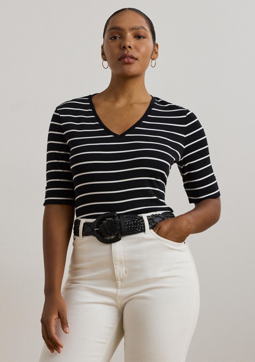 Womens Striped Cotton Elbow Sleeve V-Neck T-Shirt