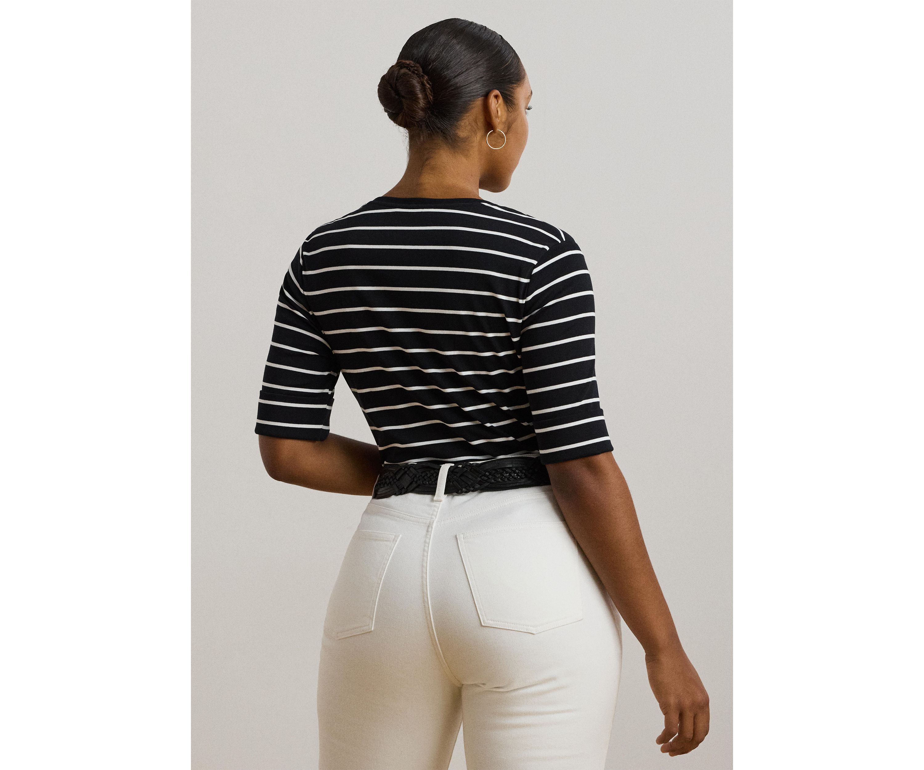 Womens Striped Cotton Elbow Sleeve V-Neck T-Shirt