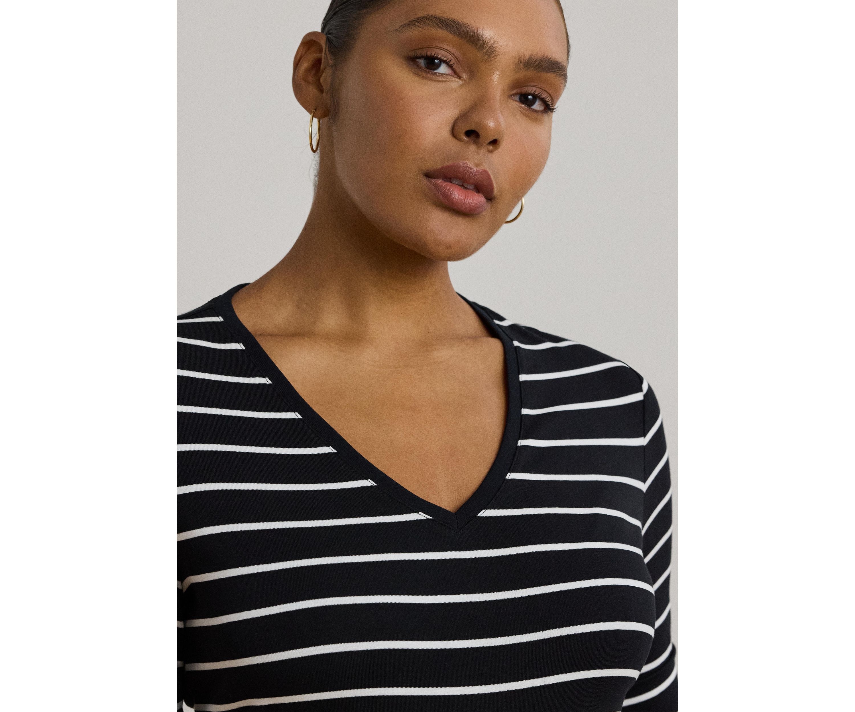 Womens Striped Cotton Elbow Sleeve V-Neck T-Shirt
