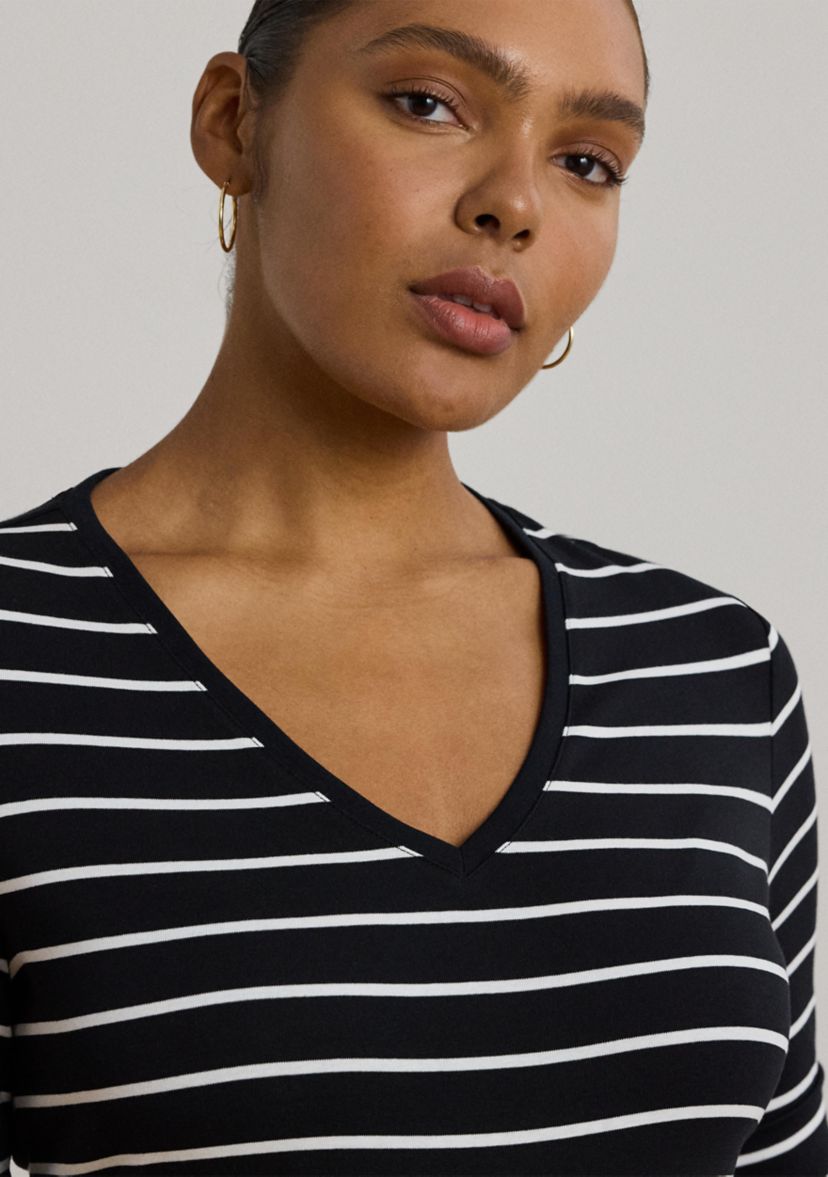 Womens Striped Cotton Elbow Sleeve V-Neck T-Shirt