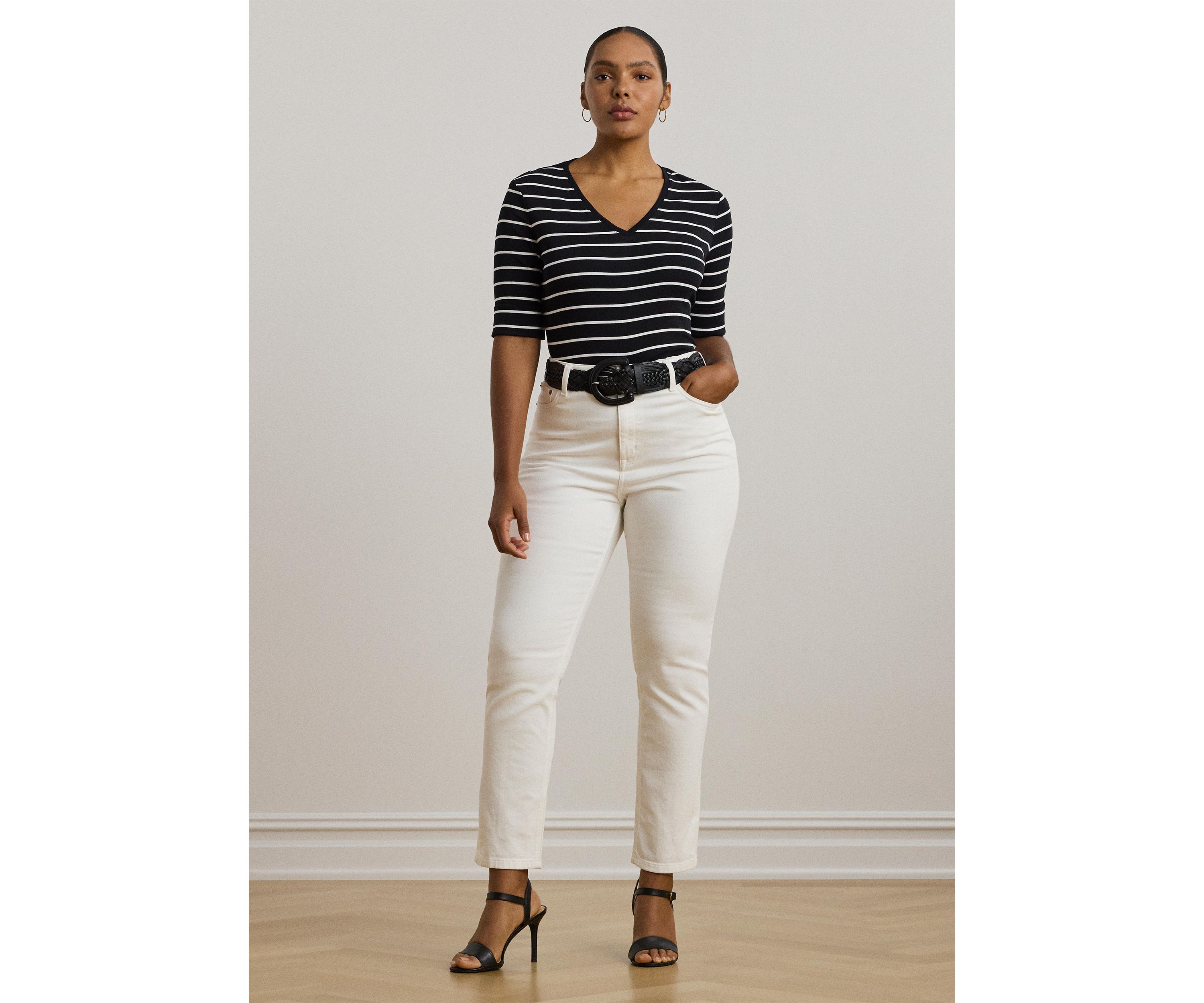 Womens Striped Cotton Elbow Sleeve V-Neck T-Shirt